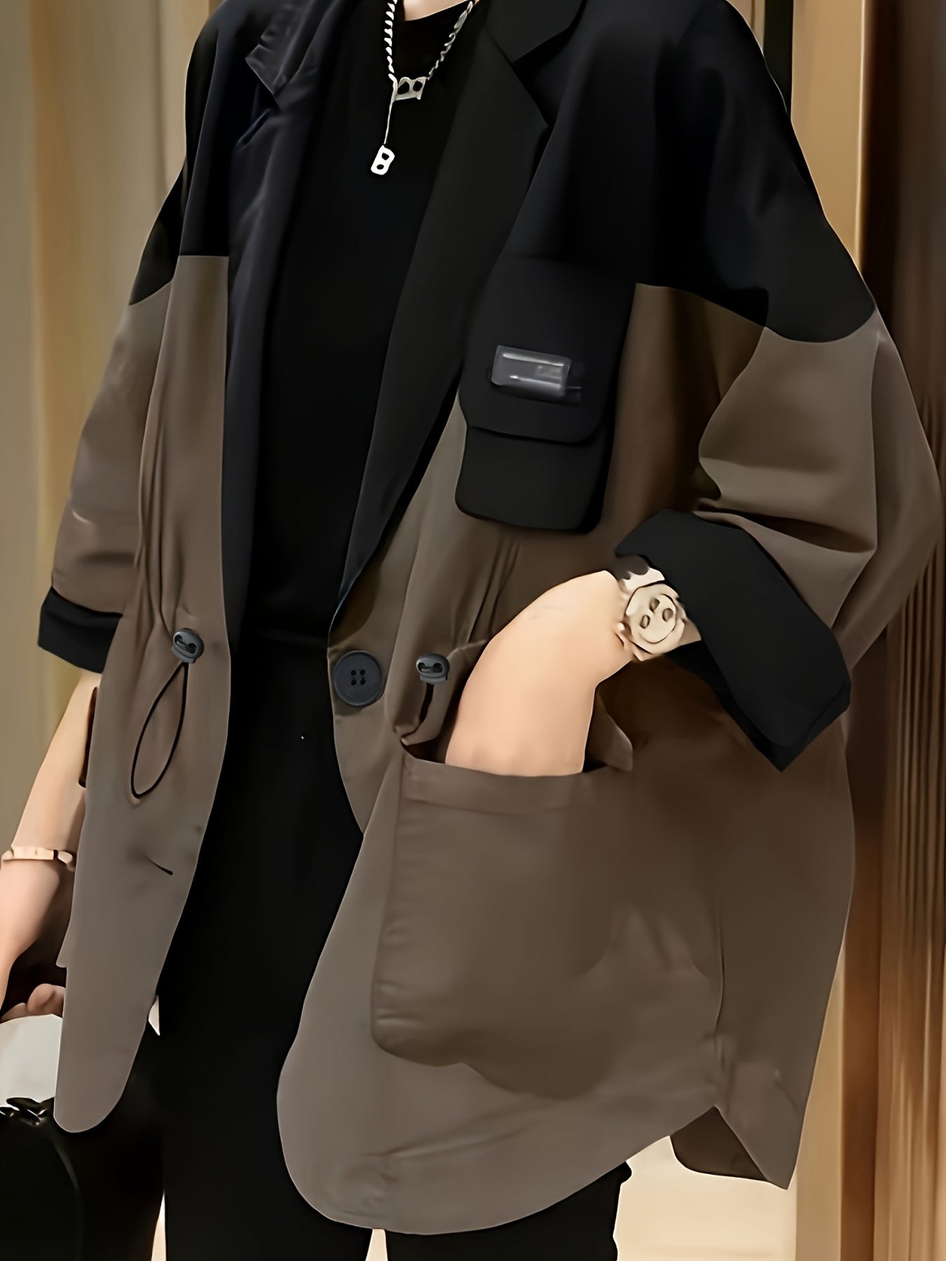 Women'S Chic Color Block Blazer - Casual Oversized Jacket with Button Front, Long Sleeves, Polyester, Perfect for Spring & Fall, Casual Wear Jacket|Button Front Blazer|Polyester Jacke