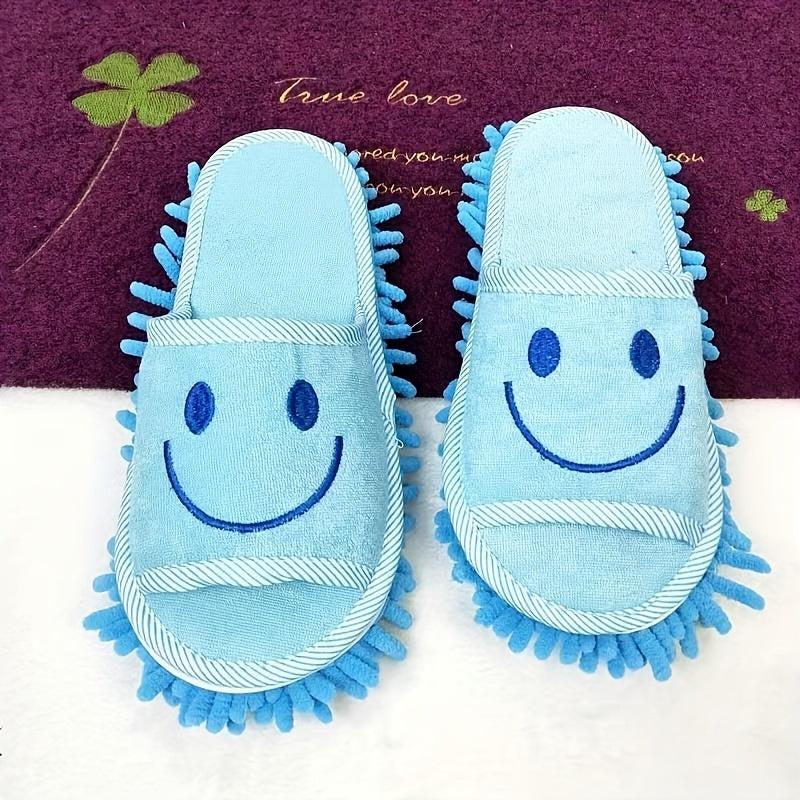1 Pair Ultra-Fine Fiber Cleaning Slippers - Quiet, Efficient Dust & Floor Cleaner with Joyful joyful Face Design for Bedroom, Bathroom, Living Room - Light Blue, White, Pink Options, Bathroom Slippers | Comfortable Footwear | Plush Fabric Slippers