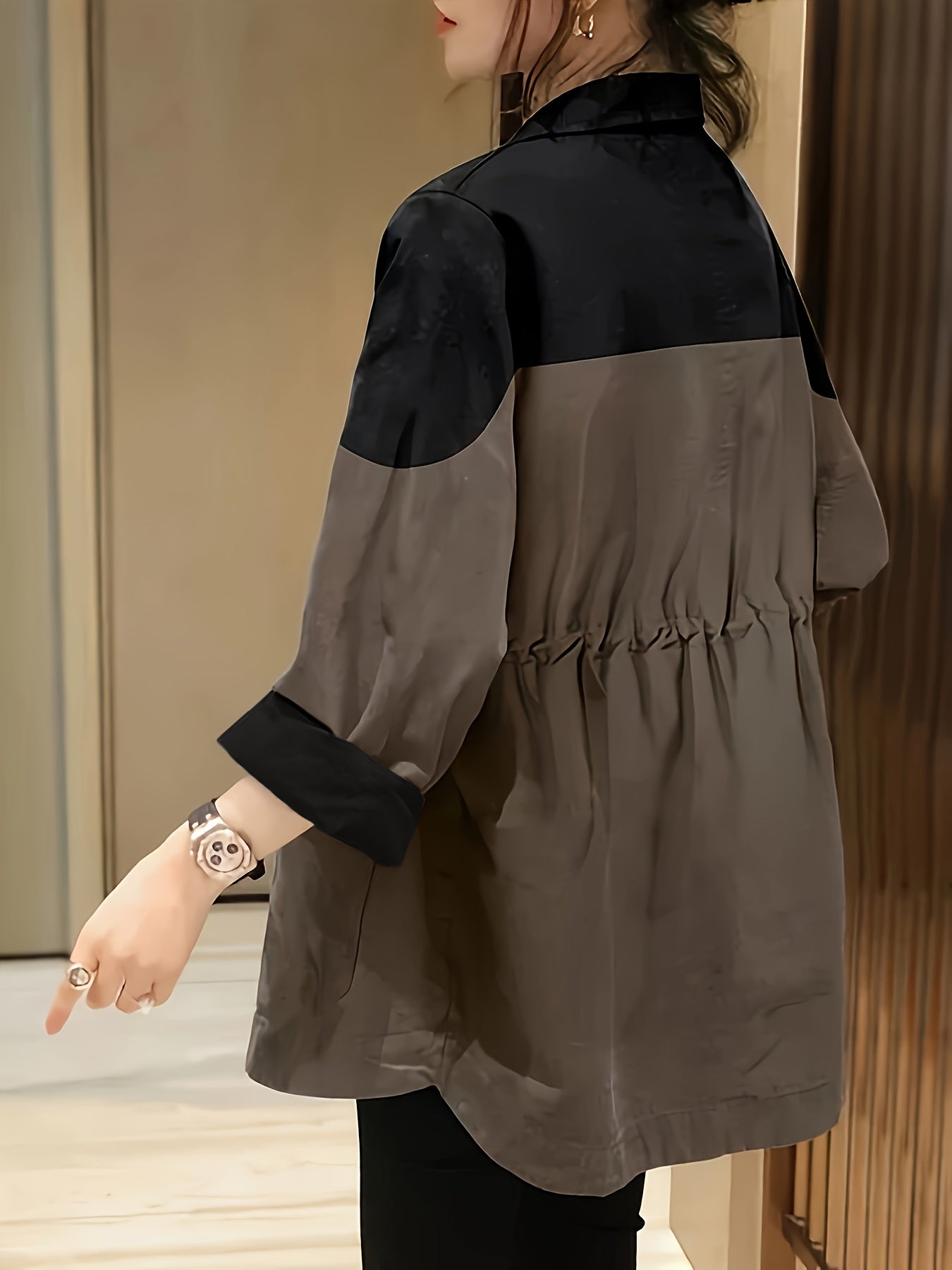 Women'S Chic Color Block Blazer - Casual Oversized Jacket with Button Front, Long Sleeves, Polyester, Perfect for Spring & Fall, Casual Wear Jacket|Button Front Blazer|Polyester Jacke