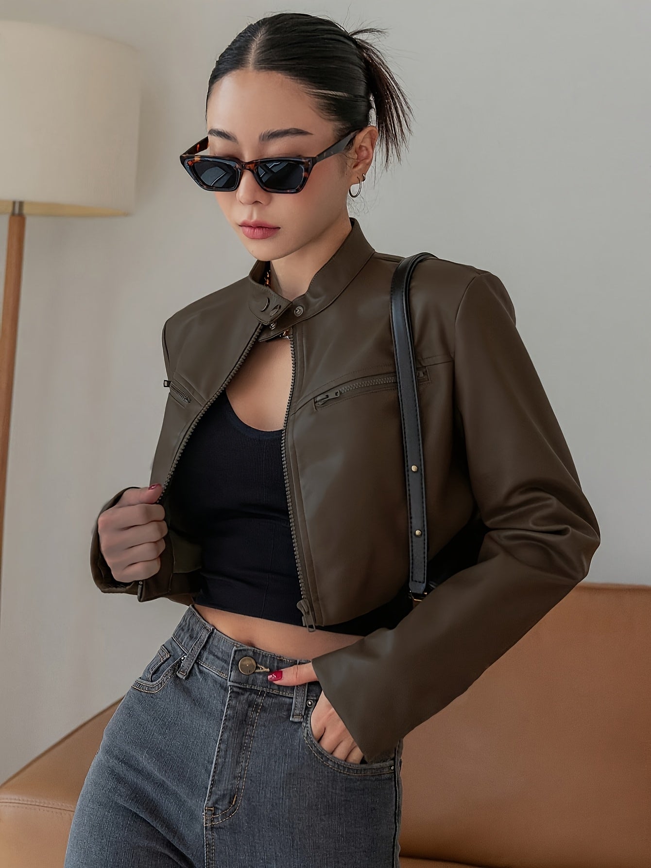 Women's Casual Bomber Jacket - Solid Color Zip-Up with Golden-Tone Buttons, All-Season Versatile Outerwear for Everyday & Special Occasions