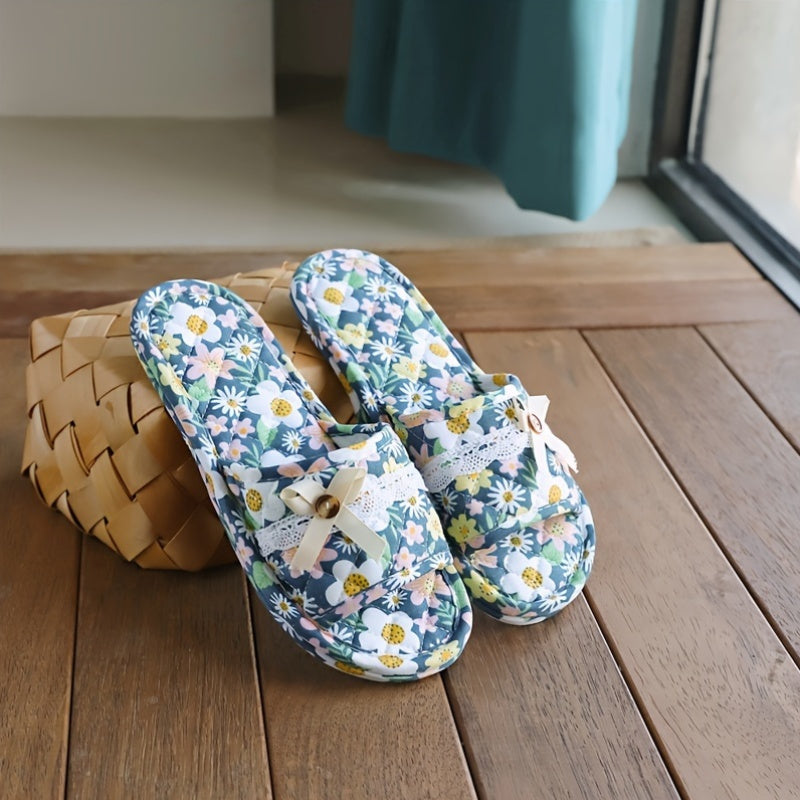 Casual Floral Slip-on Slippers - All-Season Fabric Upper, Inner & Sole - Quiet Soft Home Indoor Women's Footwear - Imported