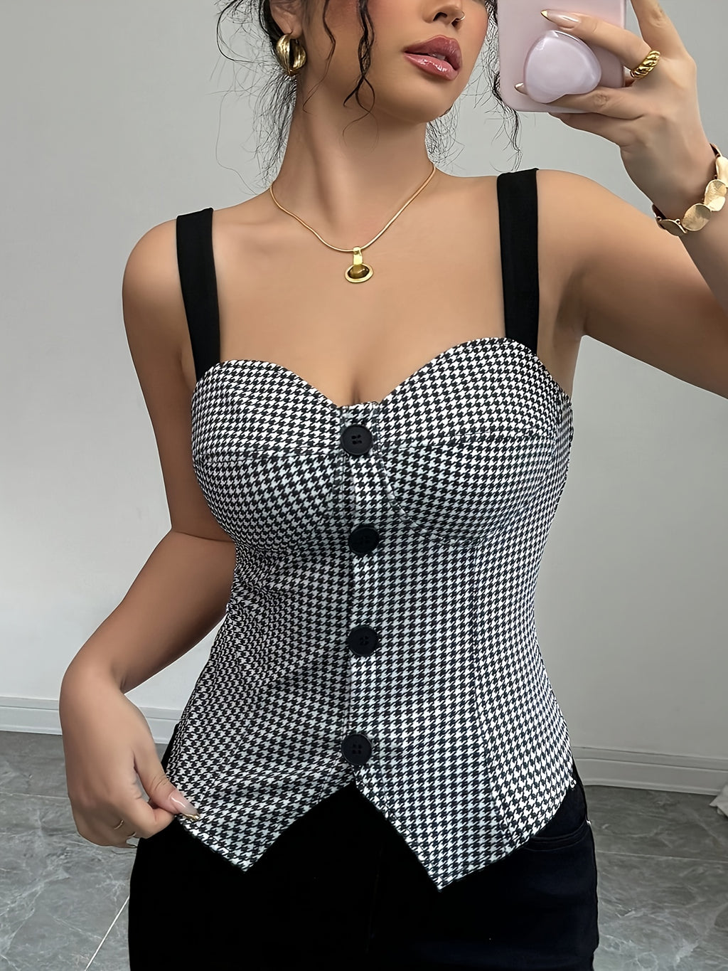 Chic Black & White Houndstooth Sleeveless Vest for Women - Adjustable Spaghetti Straps, V-Neckline, Single Row Buttons, Lightweight Polyester, Perfect for Spring, Summer & Fall Outfits, Stylish Layering Piece | Vneck Vest | Functional Design