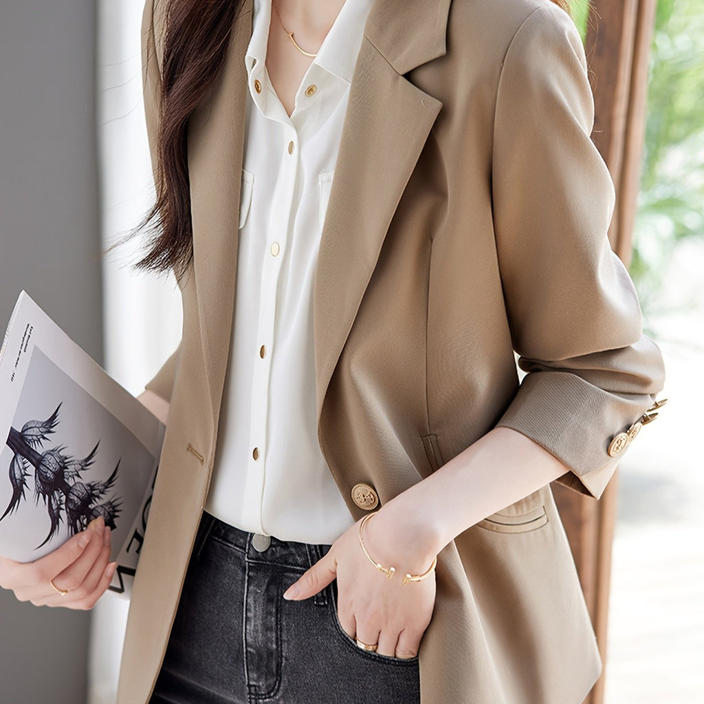 XWI Women's Elegant Beige Blazer - Spring\u002FFall 2024 Collection, Versatile Long Sleeve Jacket with Button Details, Perfect for Office or Casual Outfits