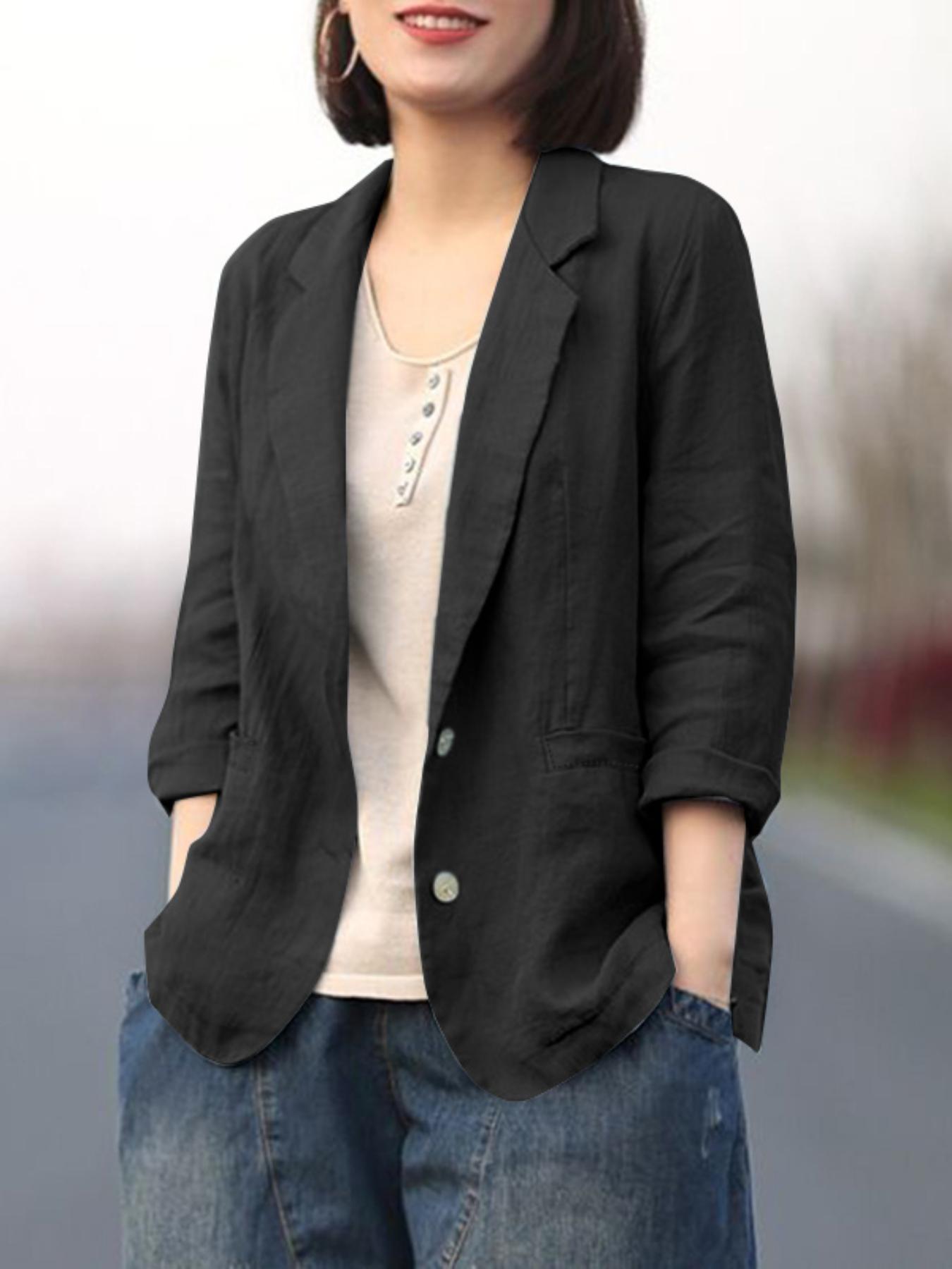 Women's Lightweight Casual Blazer - Single-Breasted Lapel Collar Long Sleeve Coat, Loose H-Silhouette, Solid Color, Machine Washable for Spring\u002FFall Commuting & Casual Attire, Subtle Texture Pattern