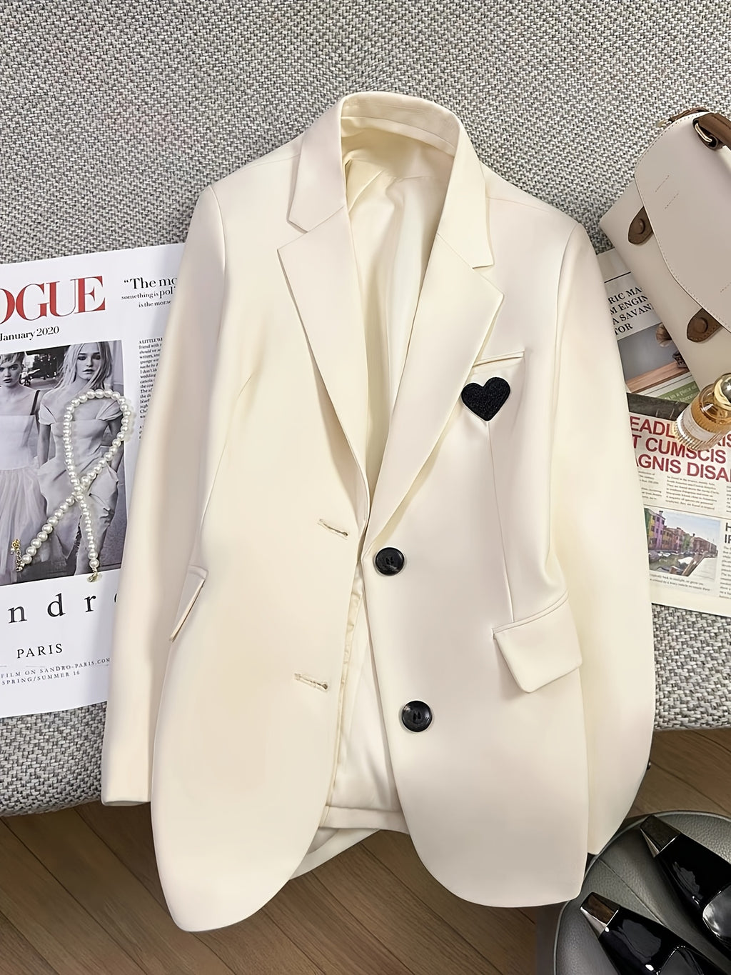 Women's Ivory Heart Embroidered Blazer Jacket - Elegant Lapel Collar, Machine Washable, Structured Fit for All-Season Versatile Wear, Casual Chic Apparel, Formal Outerwear, Suedelike Appearance