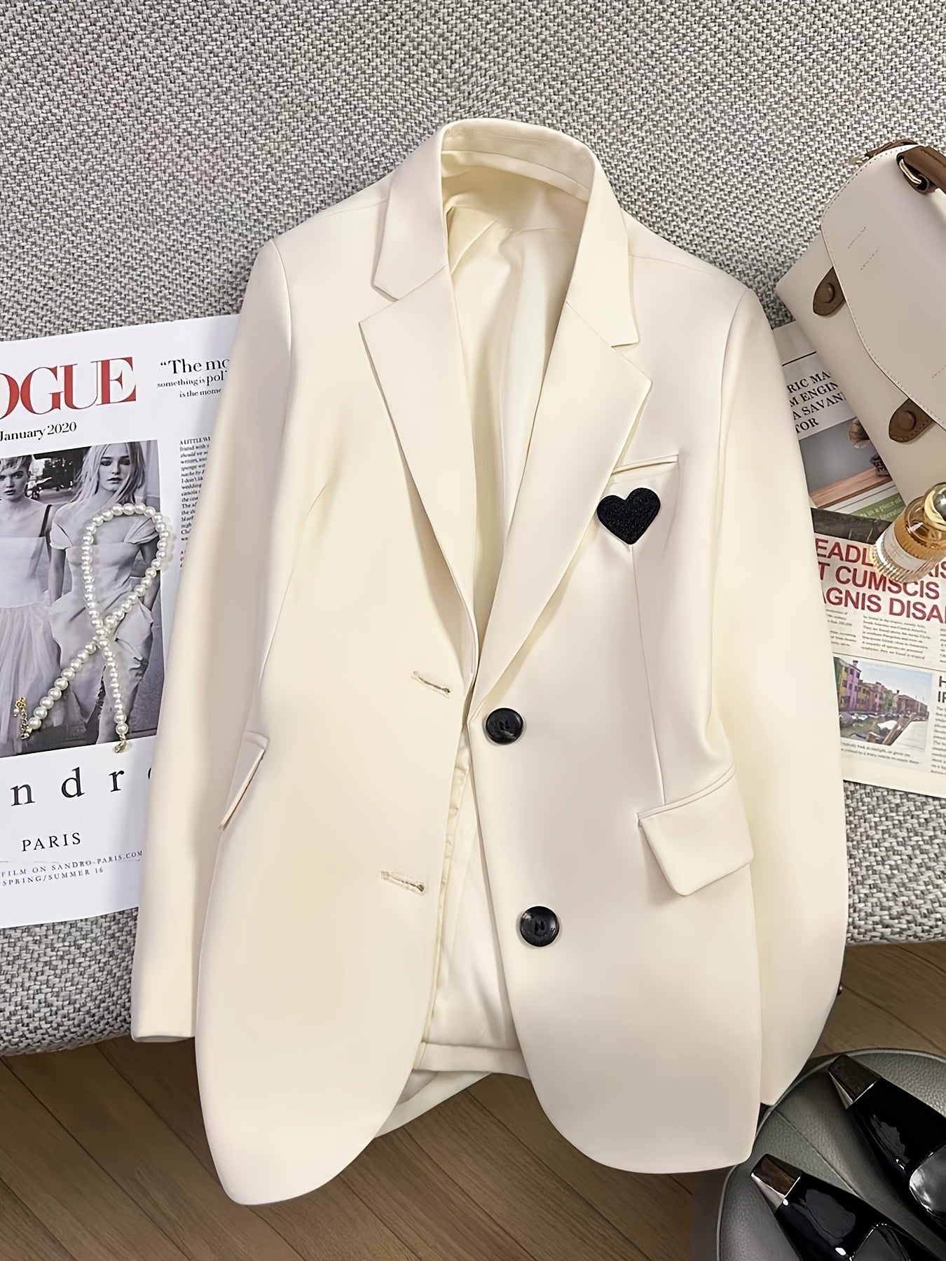 Women's Ivory Heart Embroidered Blazer Jacket - Elegant Lapel Collar, Machine Washable, Structured Fit for All-Season Versatile Wear, Casual Chic Apparel, Formal Outerwear, Suedelike Appearance