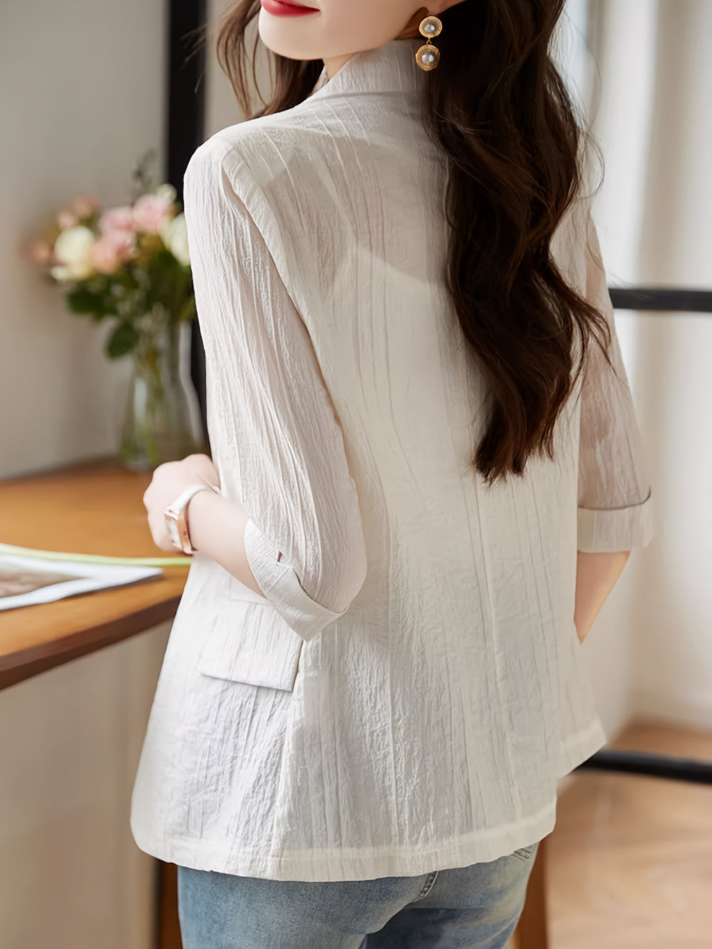 Women'S Elegant Summer Blazer - Casual Mid-Sleeve, Solid Color, Lightweight Jacket with Button Front and Ribbed Cuffs, Perfect for All Seasons