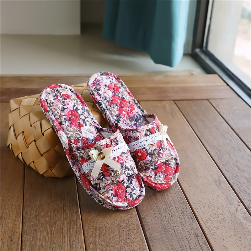Casual Floral Slip-on Slippers - All-Season Fabric Upper, Inner & Sole - Quiet Soft Home Indoor Women's Footwear - Imported