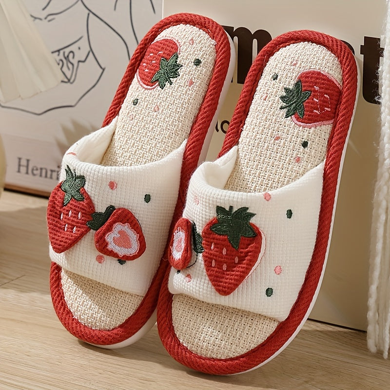 Cute Strawberry Pattern Linen Slippers, Open Toe Breathable Soft Sole Flat Shoes, Comfy Indoor Floor Slippers