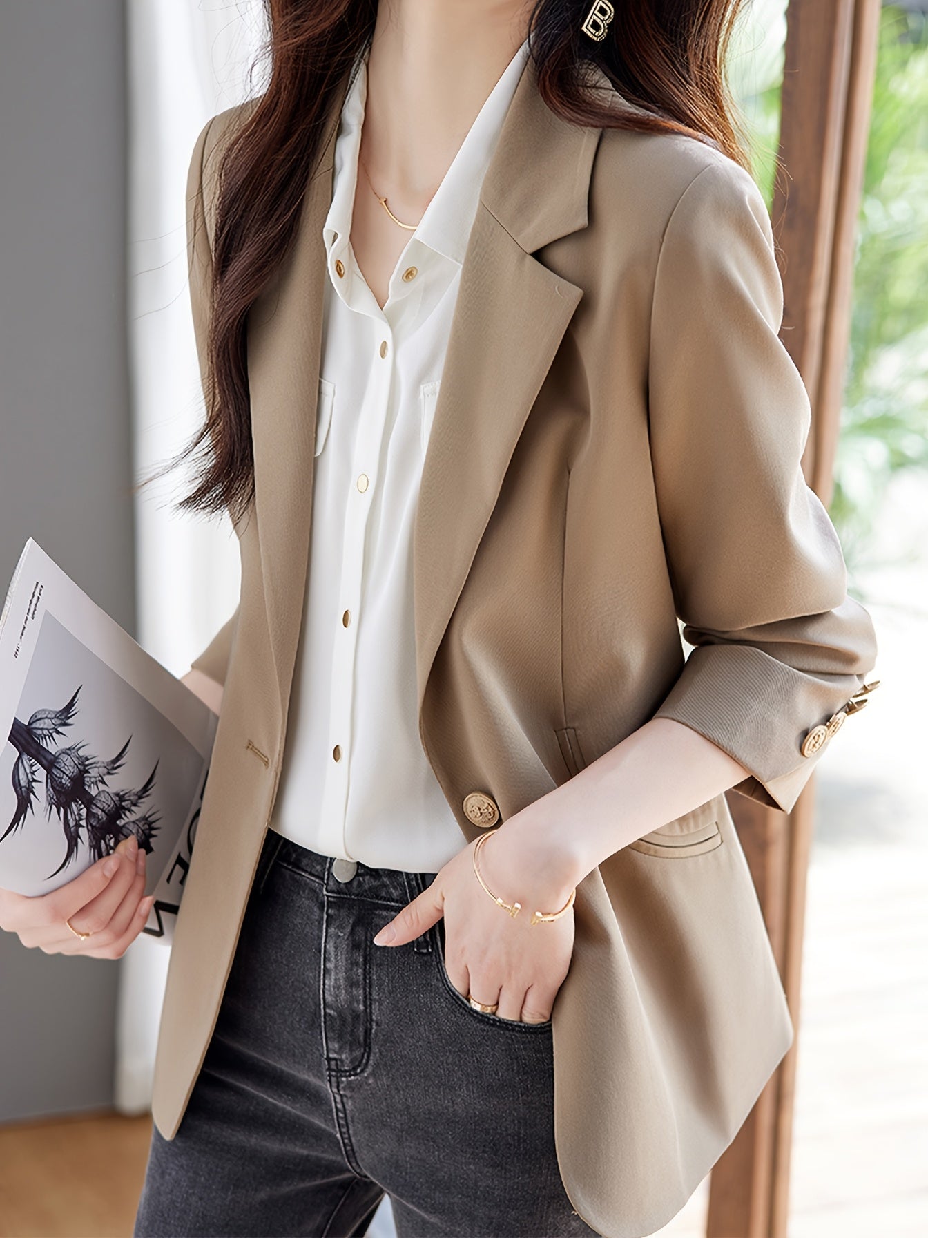 XWI Women's Elegant Beige Blazer - Spring\u002FFall 2024 Collection, Versatile Long Sleeve Jacket with Button Details, Perfect for Office or Casual Outfits