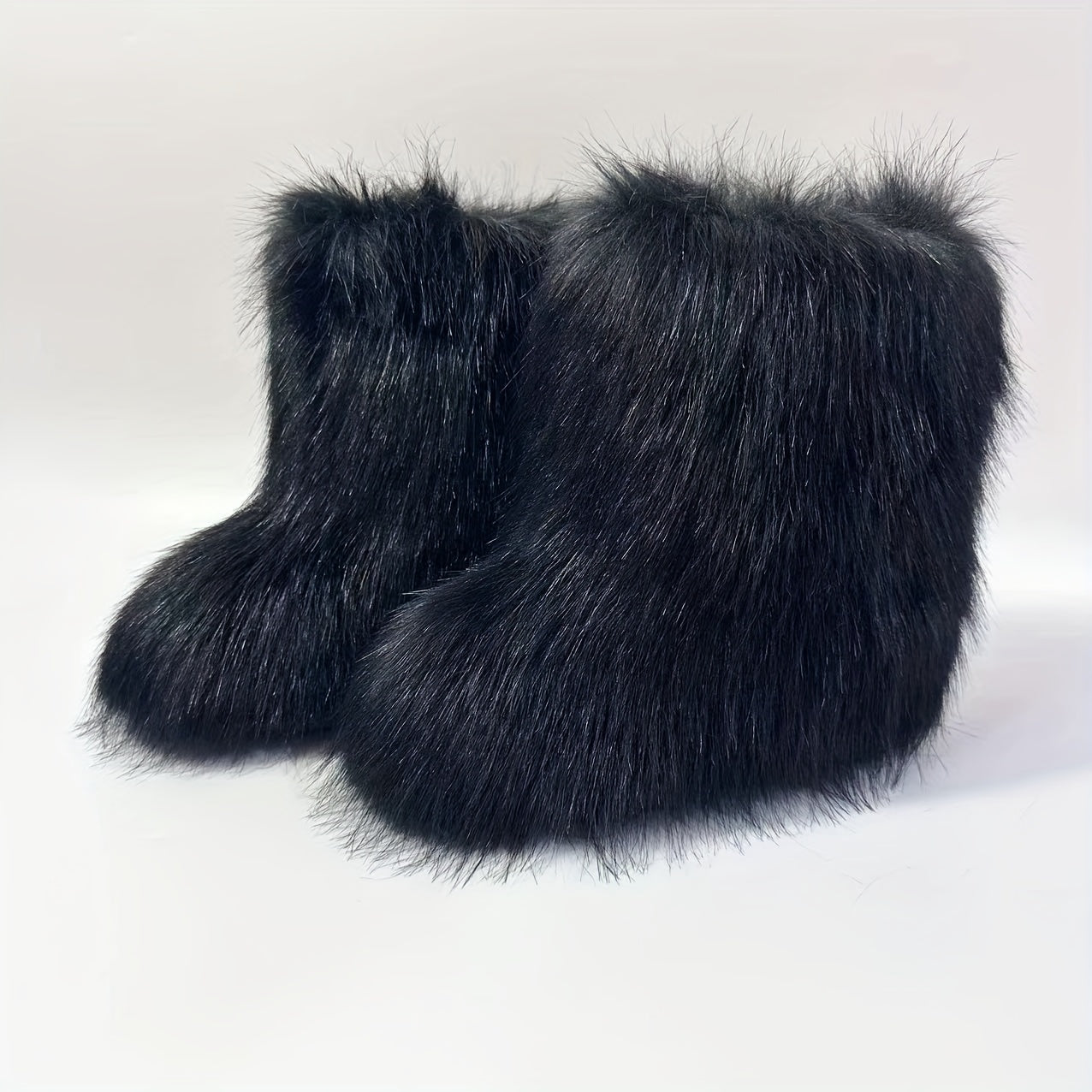 Women's Winter Warm Faux Fox Fur Snow Boots - Slip-On High-Top Flat Heel Round Toe Mid-Calf Boots with Plush Lining & Rubber Sole, Cozy Cold Weather Footwear for Casual Outings (Black\u002FGrey\u002FBeige), Winter Boots, Midcalf Height
