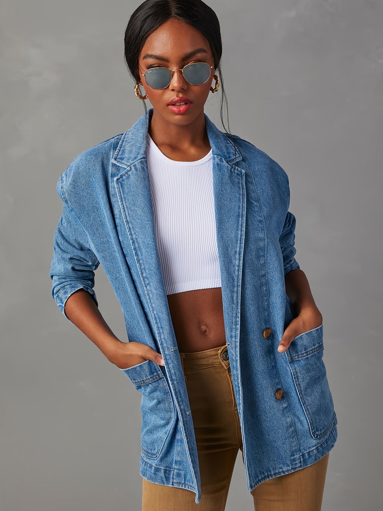 Women'S Elegant Washed Blue Denim Blazer - Single-Breasted, Long Sleeve, Casual Style with Pockets, Perfect for Spring\u002FSummer, Casual Jacket|Sleeveless Jacket|Single Breasted Jacke