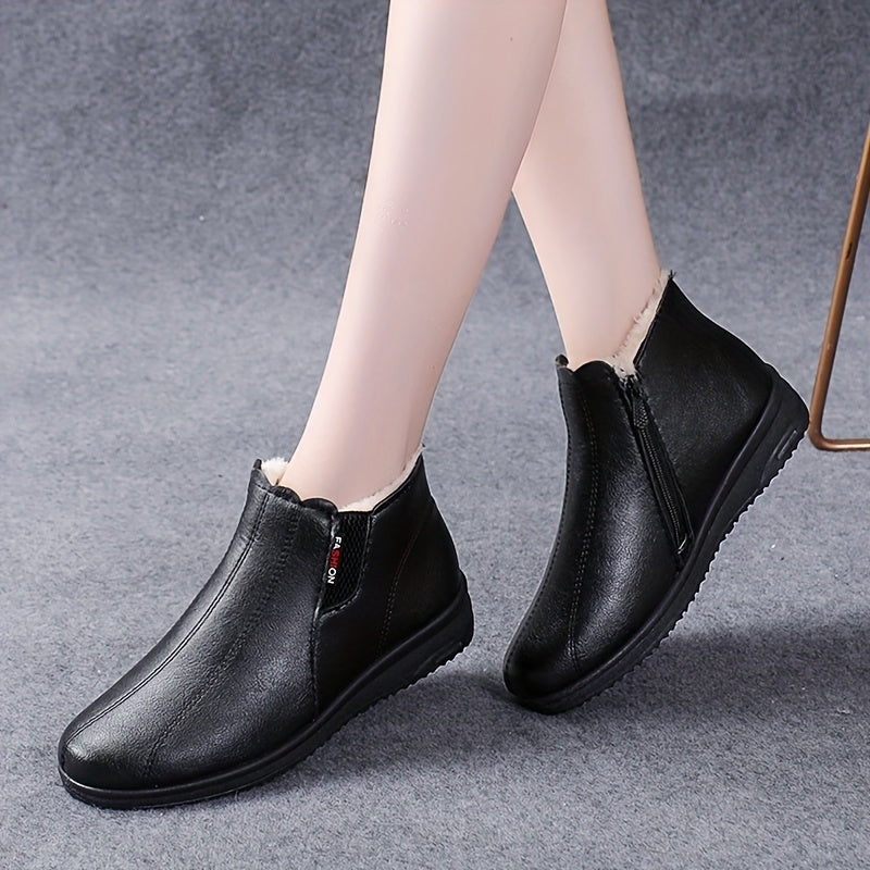 Women'S Plus Size Winter Boots - Black Faux, Warm Lined, Non-Slip Rubber Sole, Flat Heel, Zipper Closure, Comfortable Short Boots for Cold Weather, Winter Footwear|Round Toe Boots|Faux Boots