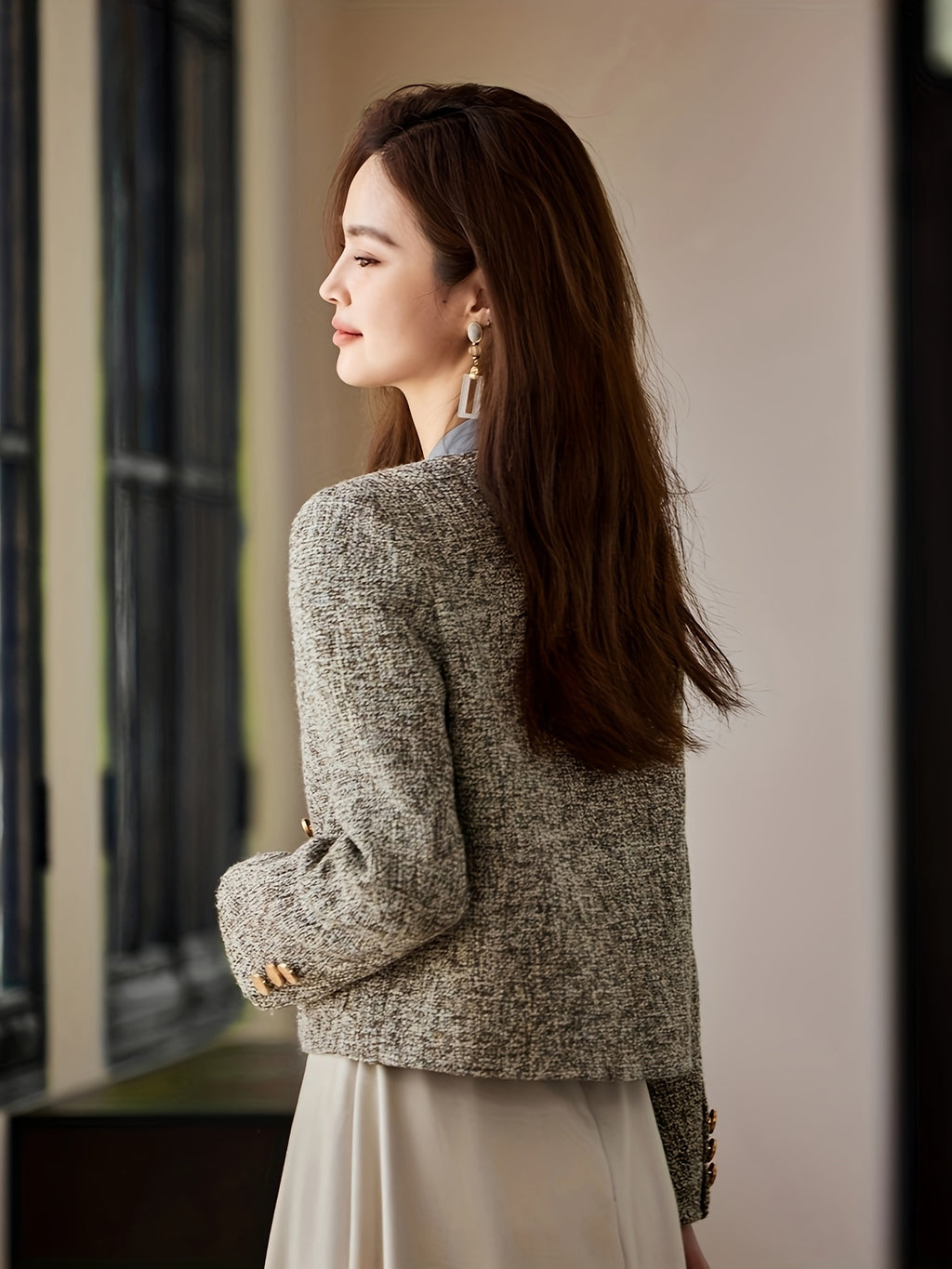 Chic French-Inspired Women'S Blazer - Elegant Long Sleeve, Button-Up Jacket with Golden Buttons, Polyester, Perfect for Spring\u002FFall, Sophisticated Layering Piece|Chic Buttonup Blazer|Polyester Jacket