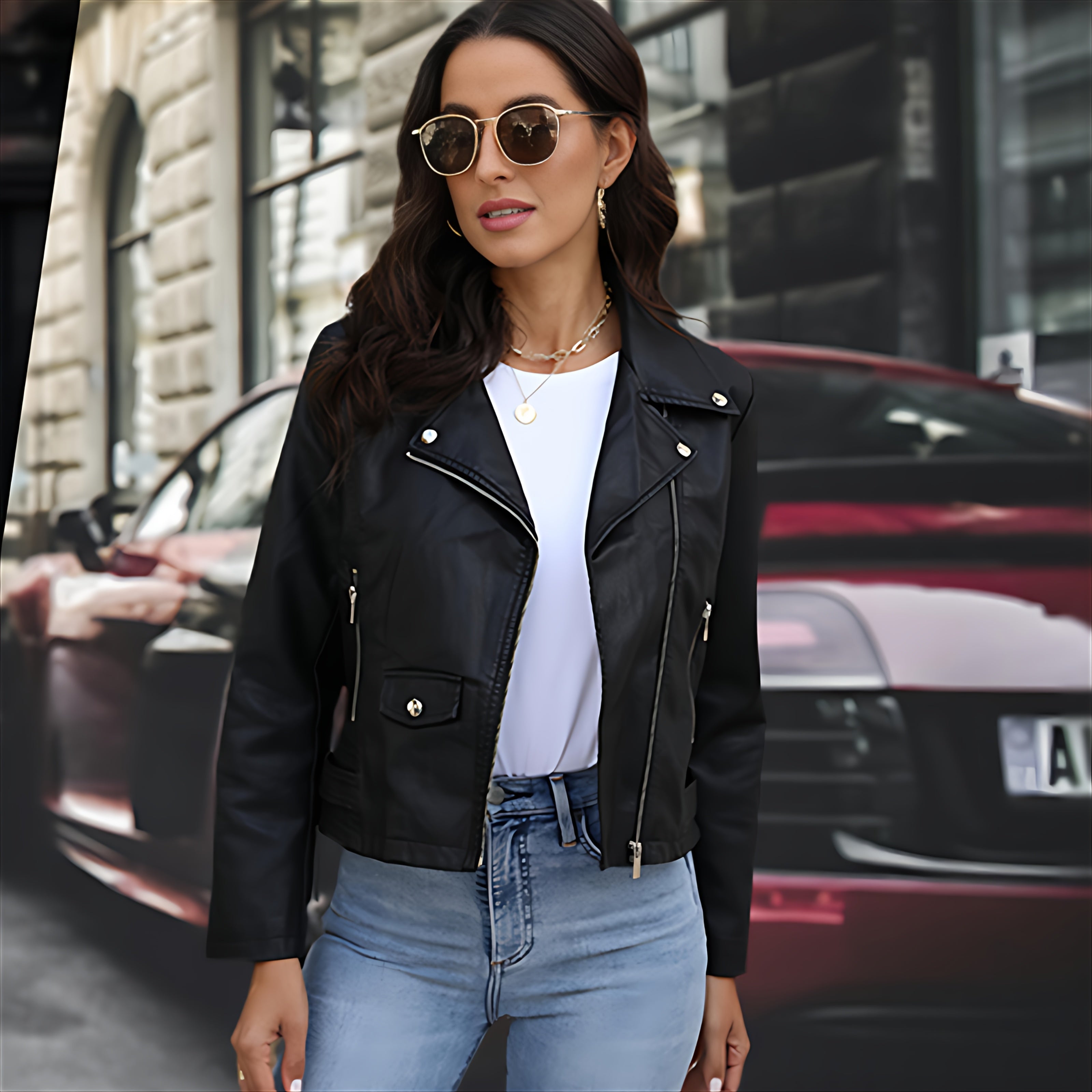 ICEBANNER Women's Black PU Leather Motorcycle Jacket with Asymmetrical Zipper & Snap Collar - Soft High-Quality Fabric, Short Rider Style for Spring & Winter Casual Wear, Timeless Classic Fashion-Forward Outerwear, Casual Streetwear, Durable Fabric Coat