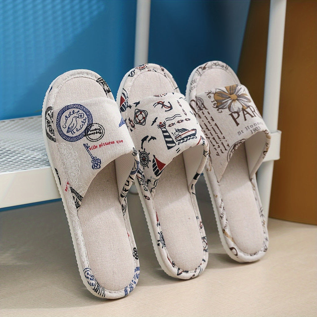 Floral Print Fabric Linen Slippers, Breathable Open Toe Soft Flat Shoes, Lightweight Indoor Floor Slippers