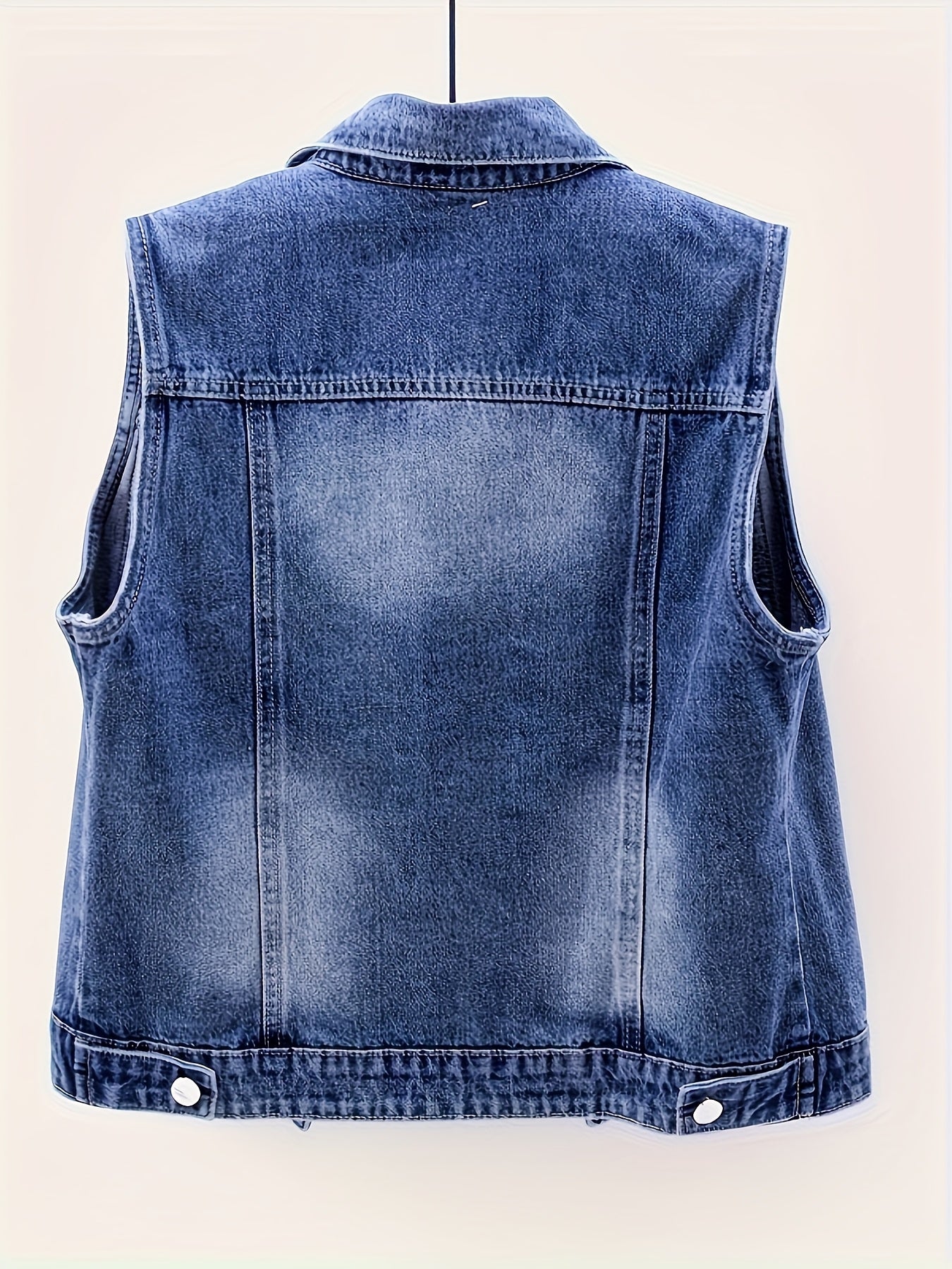 Women's Distressed Denim Vest Jacket with Pearl & Stud Embellishments - Sleeveless Retro Casual Short Length Jacket, Solid Color Regular Fit for Spring\u002FFall, Elegant Special Collection, Spring Outerwear, Pearl And Stud Details, Elegant Texturing