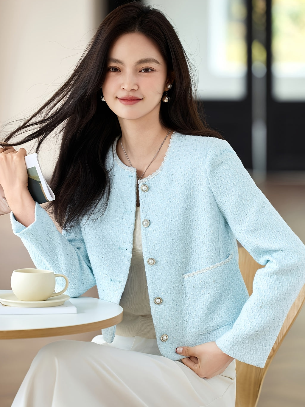 Women'S Elegant Light Blue Blazer with Golden Buttons - Versatile Long Sleeve Short Jacket for Spring & Fall, Polyester Fabric, Stylish Button-Up Design, Perfect for Office or Casual Attire, Office Blazer | Stylish Blazer | Polyester Blazer