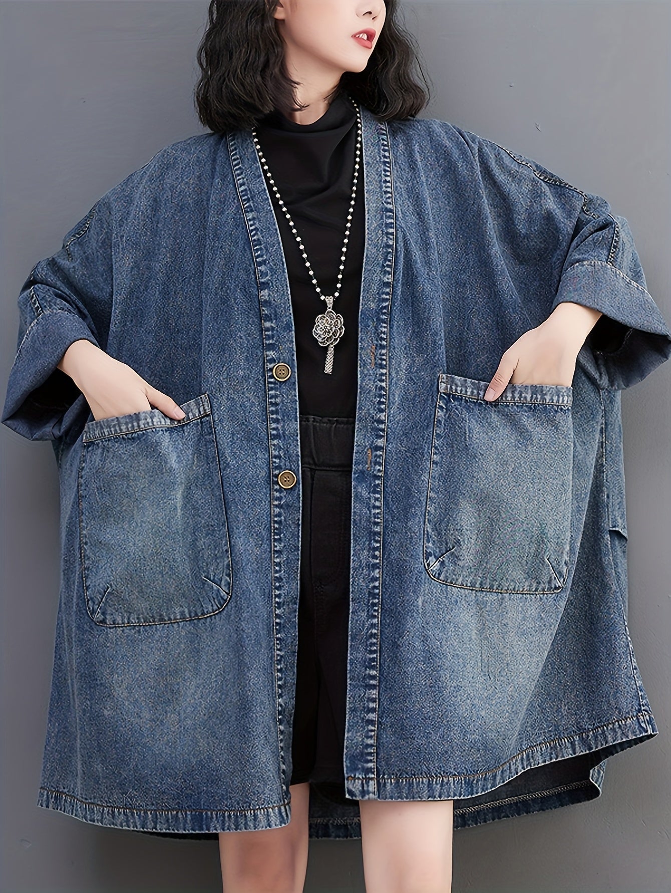 Women's Vintage Japanese-Inspired Distressed Denim Jacket Coat - Loose Fit Long Sleeve Open Front Casual Chic Outerwear, Machine Washable Non-Stretch Denim for Layering, Layering Piece | Decorative Pockets