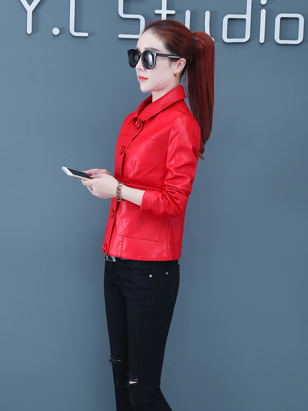 Women's Premium PU Leather Jacket - Elegant Korean Style Short Slim-Fit Red Button-Up Blazer with Notch Lapel & Flared Hem, Spring\u002FAutumn Casual Outerwear