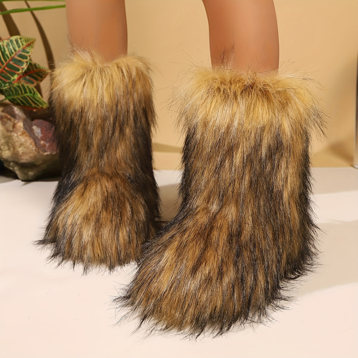 Women'S Fluffy Faux Fur Boots, Cute Mid-Top Plush Lined Winter Warmth, Slip-On Design Flat Comfortable Snow Boots