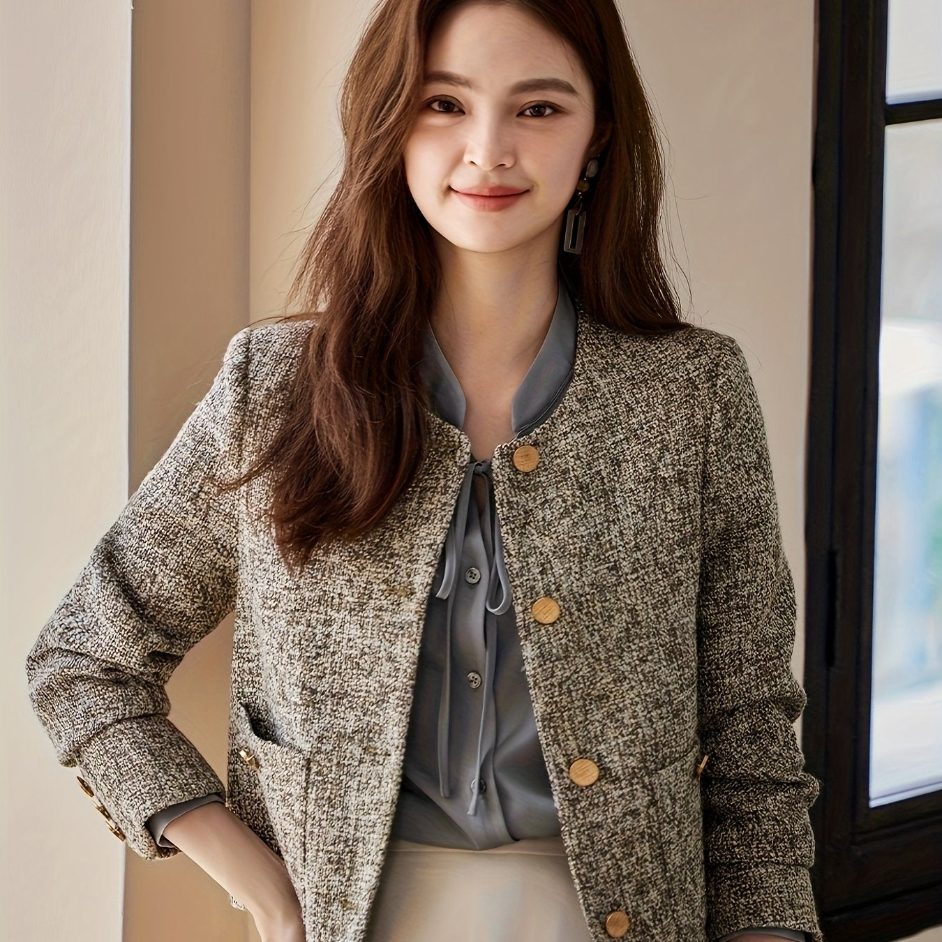 Chic French-Inspired Women'S Blazer - Elegant Long Sleeve, Button-Up Jacket with Golden Buttons, Polyester, Perfect for Spring\u002FFall, Sophisticated Layering Piece|Chic Buttonup Blazer|Polyester Jacket