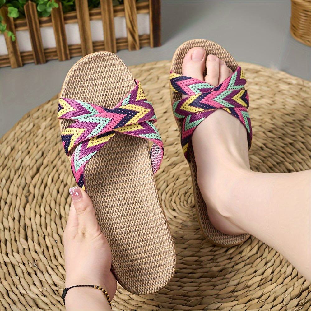 Women's Striped Linen Slippers - Summer Fashion, Comfortable Indoor\u002FOutdoor Flats with EVA Sole, 515