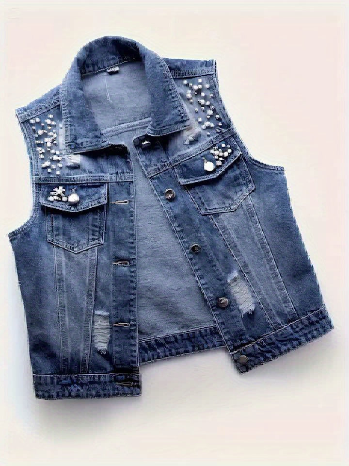 Women's Sleeveless Denim Vest with Pearl Details - Distressed Ripped Jean Jacket, Flap Pockets, Raw Hem, Button-Up Front, Light Blue Denim, Elegant Summer Style
