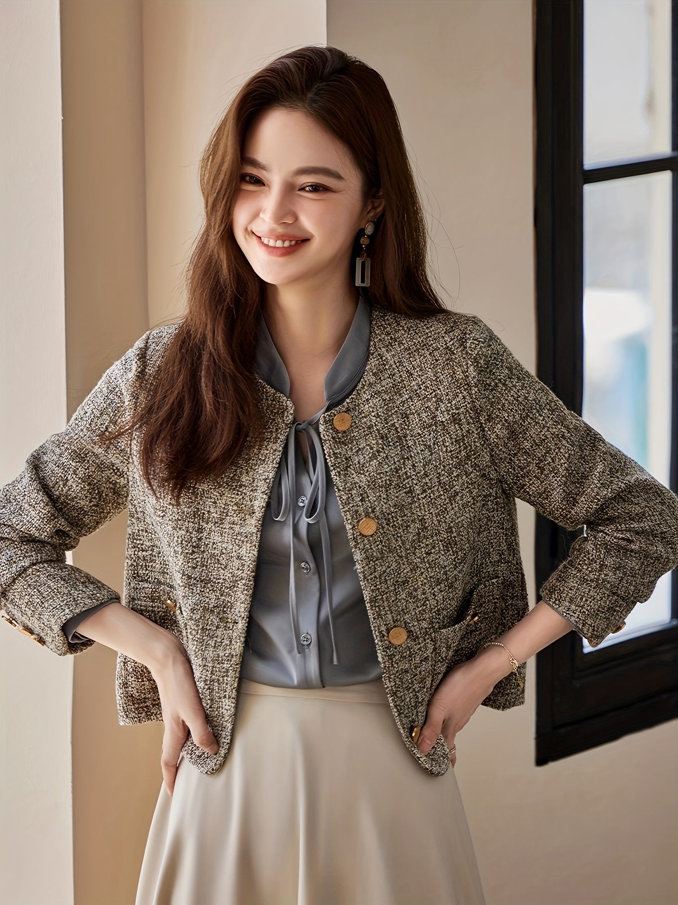 Chic French-Inspired Women'S Blazer - Elegant Long Sleeve, Button-Up Jacket with Golden Buttons, Polyester, Perfect for Spring\u002FFall, Sophisticated Layering Piece|Chic Buttonup Blazer|Polyester Jacket