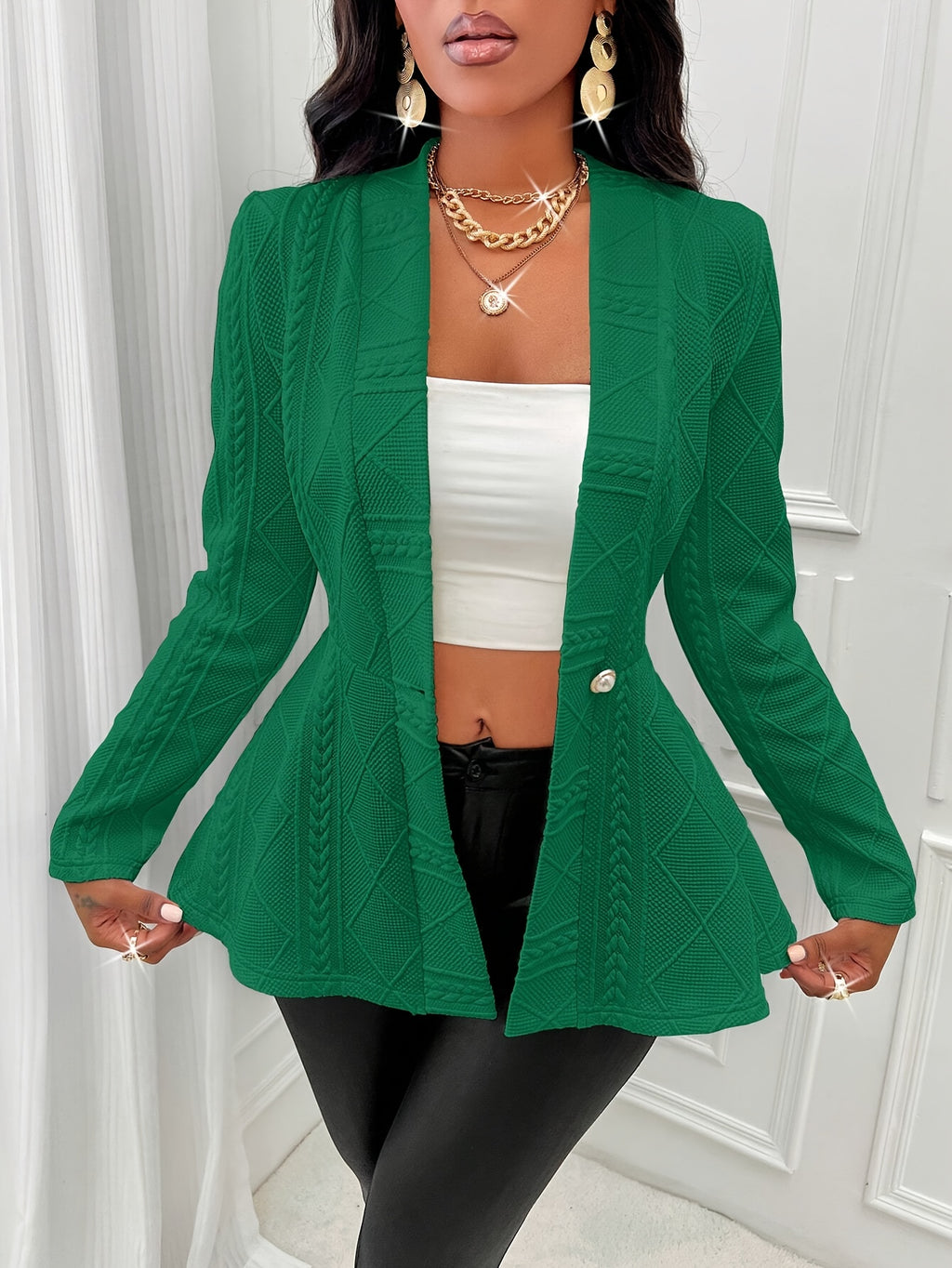 Slim Fit Single Breasted Blazer, Elegant Long Sleeve Peplum Blazer For Spring & Fall, Women's Clothing