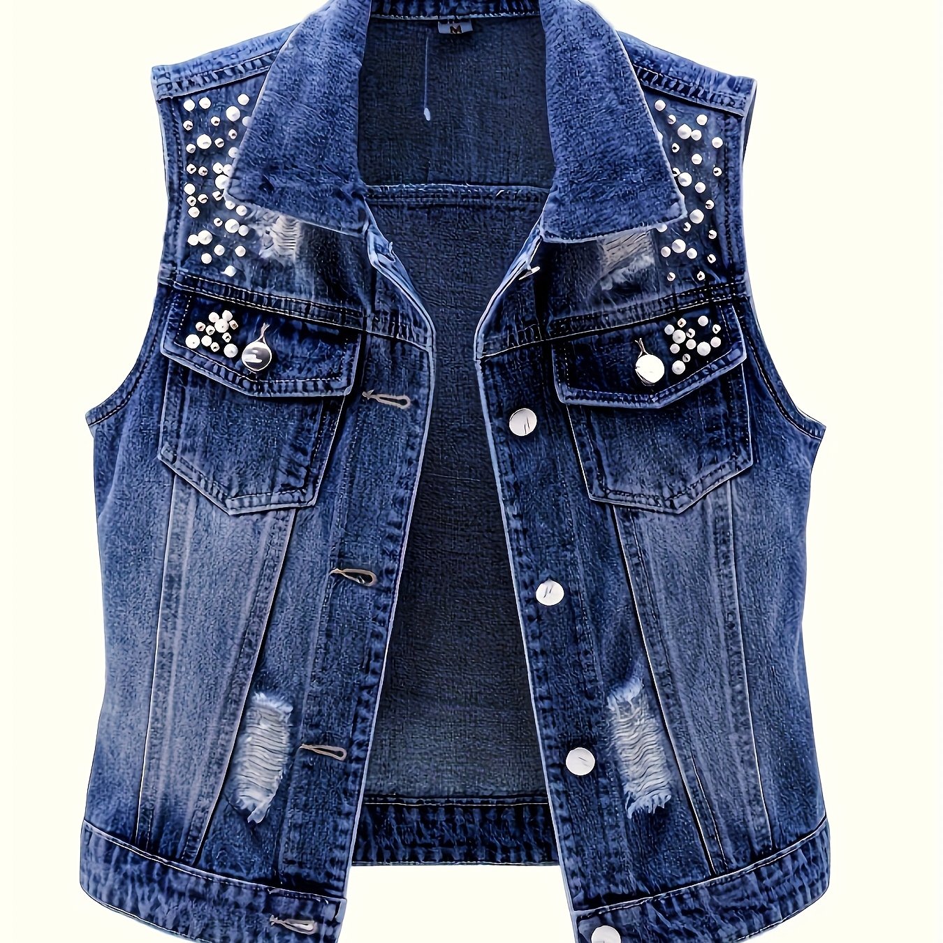 Women's Sleeveless Denim Vest with Pearl Details - Distressed Ripped Jean Jacket, Flap Pockets, Raw Hem, Button-Up Front, Light Blue Denim, Elegant Summer Style