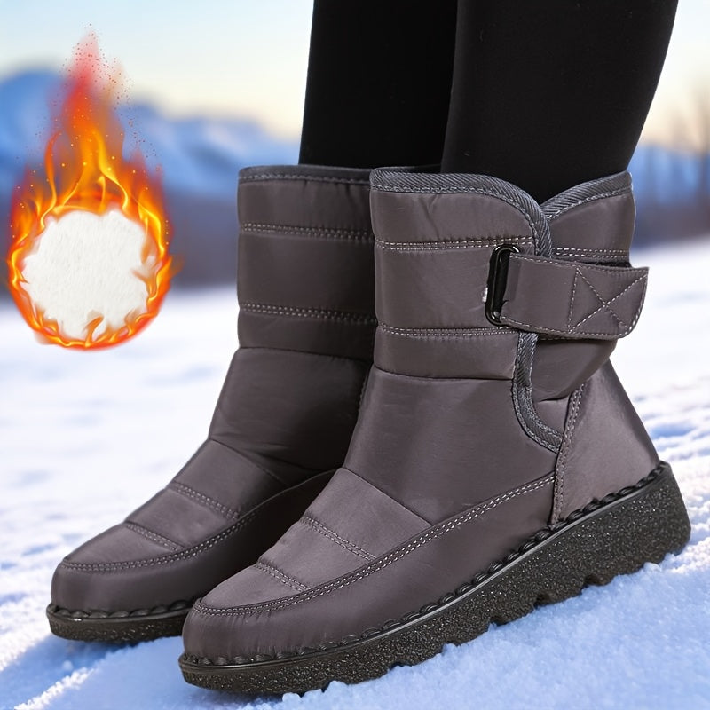 2025 Winter Women's Snow Boots - Thick Warm Flat Sole Slip-Resistant PU Sole, Round Toe & Adjustable Buckle Closure, Black\u002FWhite\u002FBeige, Sizes 36-45, All-Season Outdoor Casual Shoes, Winter Boots