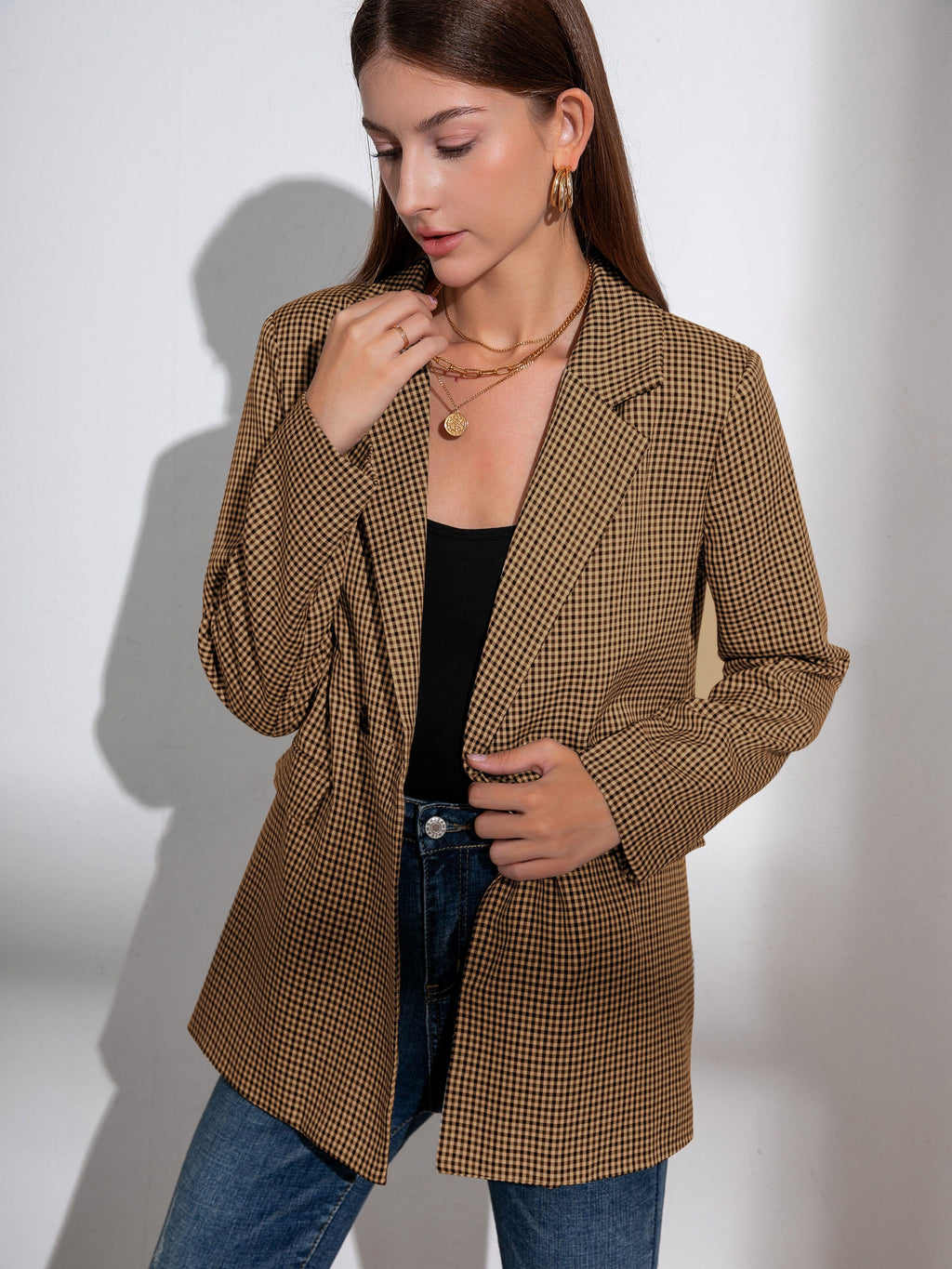 Plaid Pattern Double Breasted Lapel Blazer, Elegant Long Sleeve Blazer For Work & Office, Women's Clothing