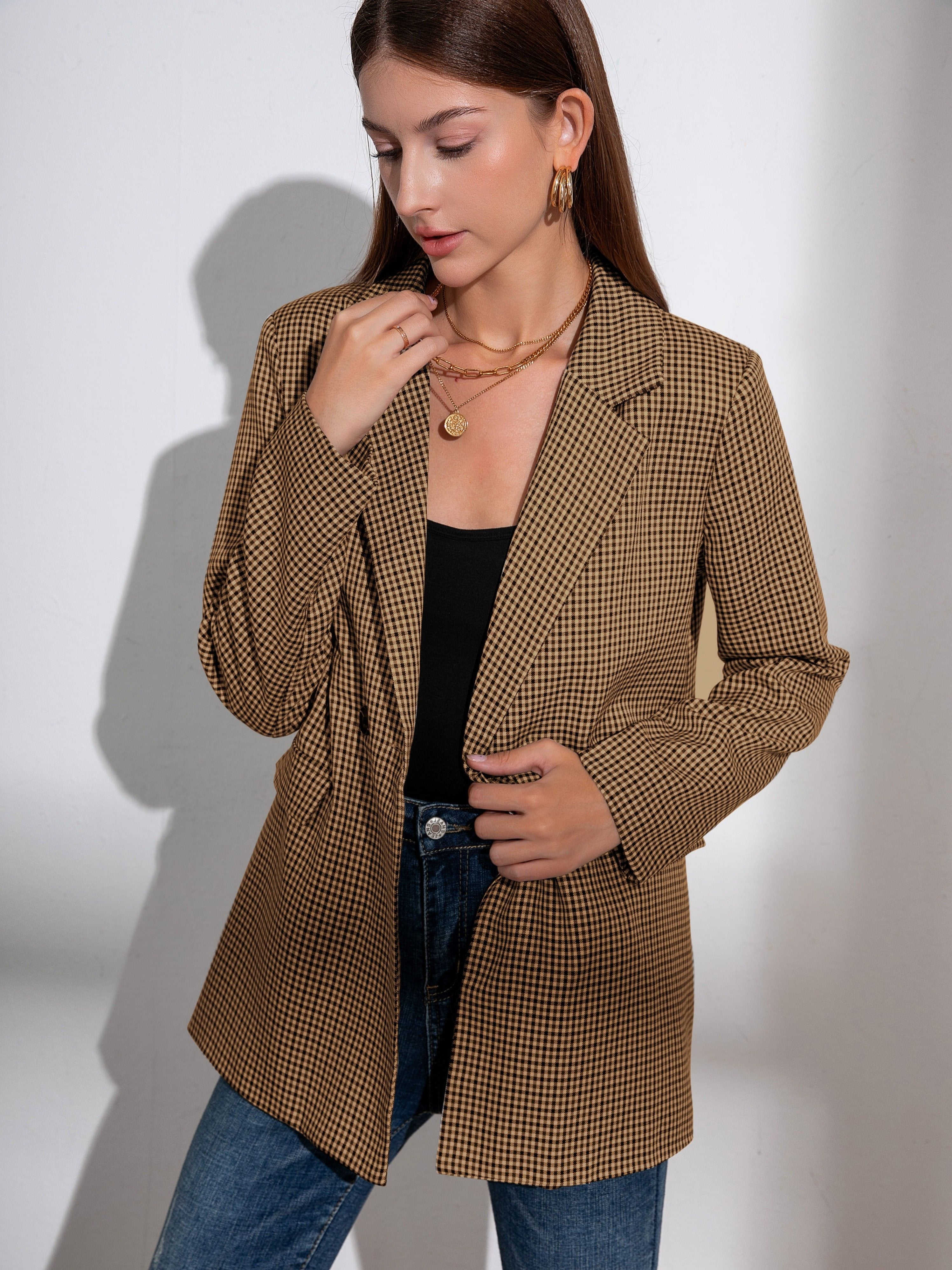 Plaid Pattern Double Breasted Lapel Blazer, Elegant Long Sleeve Blazer For Work & Office, Women's Clothing