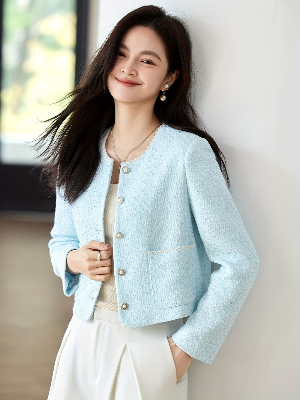 Women'S Elegant Light Blue Blazer with Golden Buttons - Versatile Long Sleeve Short Jacket for Spring & Fall, Polyester Fabric, Stylish Button-Up Design, Perfect for Office or Casual Attire, Office Blazer | Stylish Blazer | Polyester Blazer