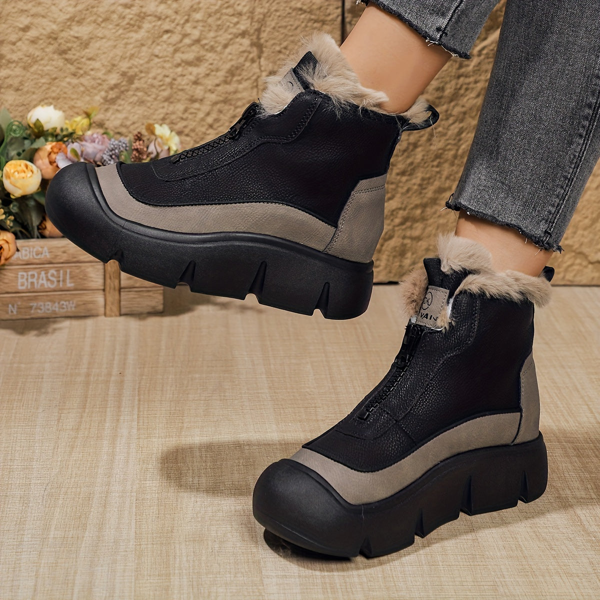 1pr Vintage Style Women'S Mid-Calf Chelsea Boots - Comfortable All-Season Winter Footwear with Faux Fur Trim, Round Toe, Flat Platform Heel, Fabric Insole, and Rubber Sole