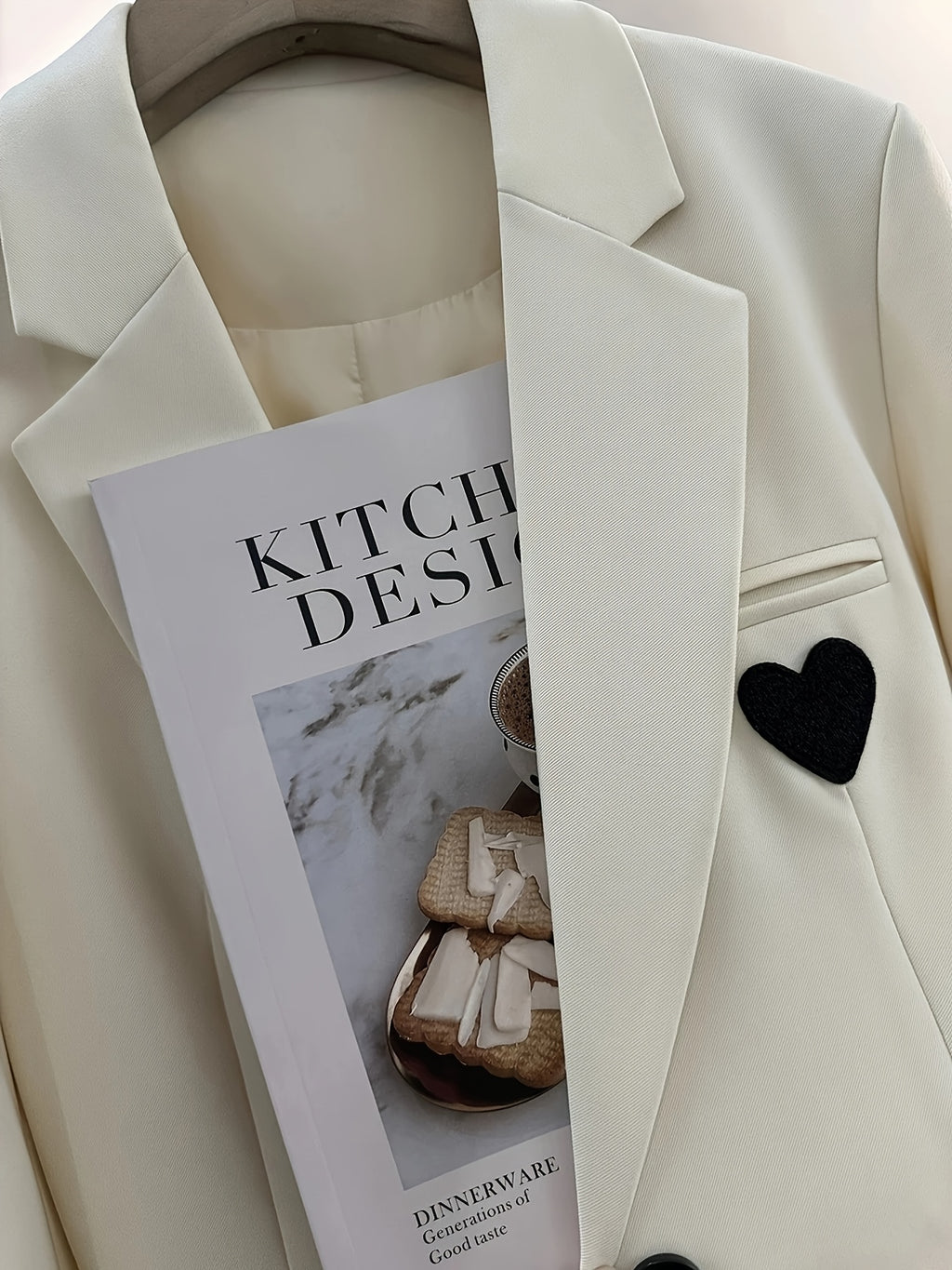 Women's Ivory Heart Embroidered Blazer Jacket - Elegant Lapel Collar, Machine Washable, Structured Fit for All-Season Versatile Wear, Casual Chic Apparel, Formal Outerwear, Suedelike Appearance