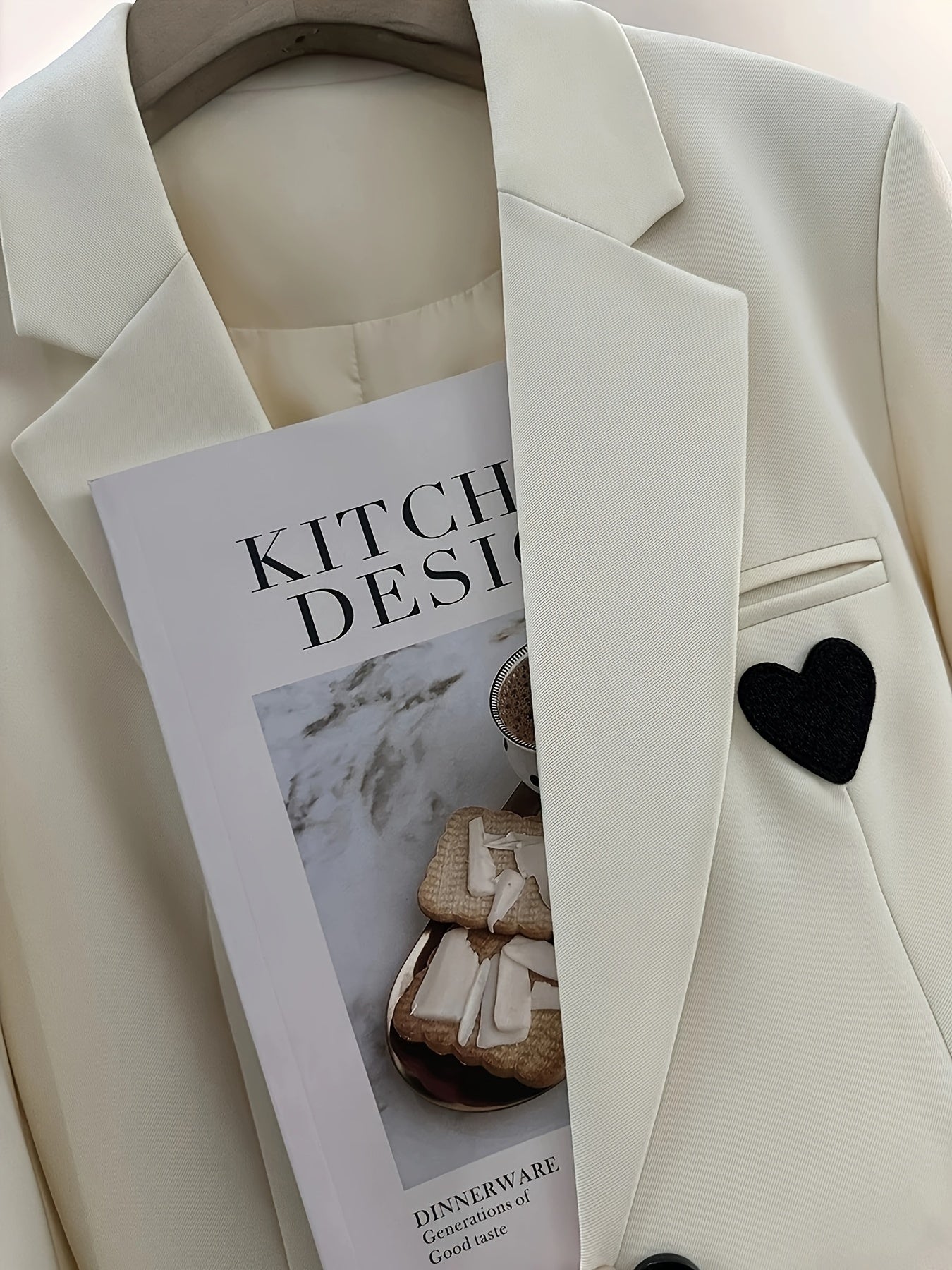 Women's Ivory Heart Embroidered Blazer Jacket - Elegant Lapel Collar, Machine Washable, Structured Fit for All-Season Versatile Wear, Casual Chic Apparel, Formal Outerwear, Suedelike Appearance