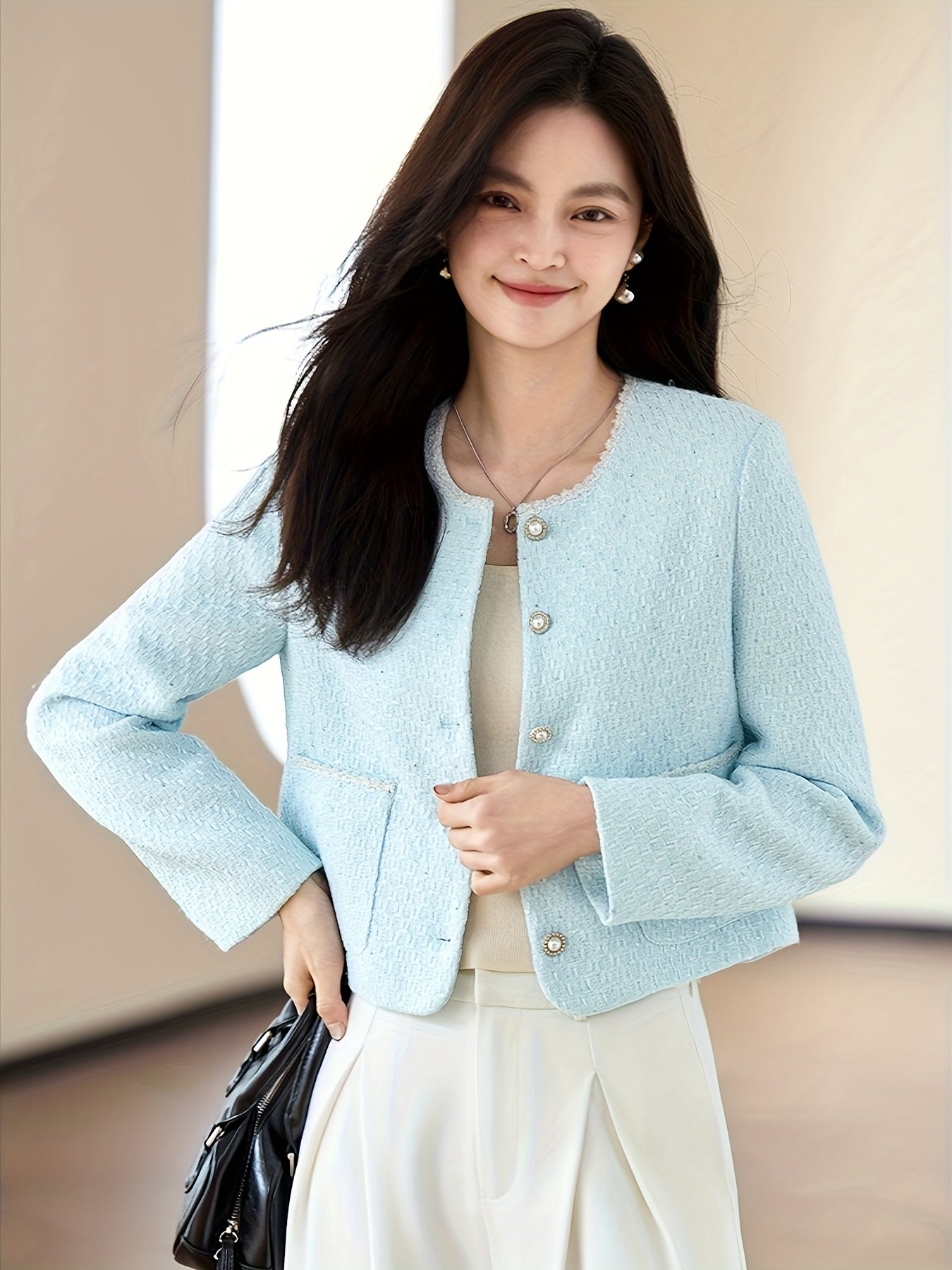 Women'S Elegant Light Blue Blazer with Golden Buttons - Versatile Long Sleeve Short Jacket for Spring & Fall, Polyester Fabric, Stylish Button-Up Design, Perfect for Office or Casual Attire, Office Blazer | Stylish Blazer | Polyester Blazer