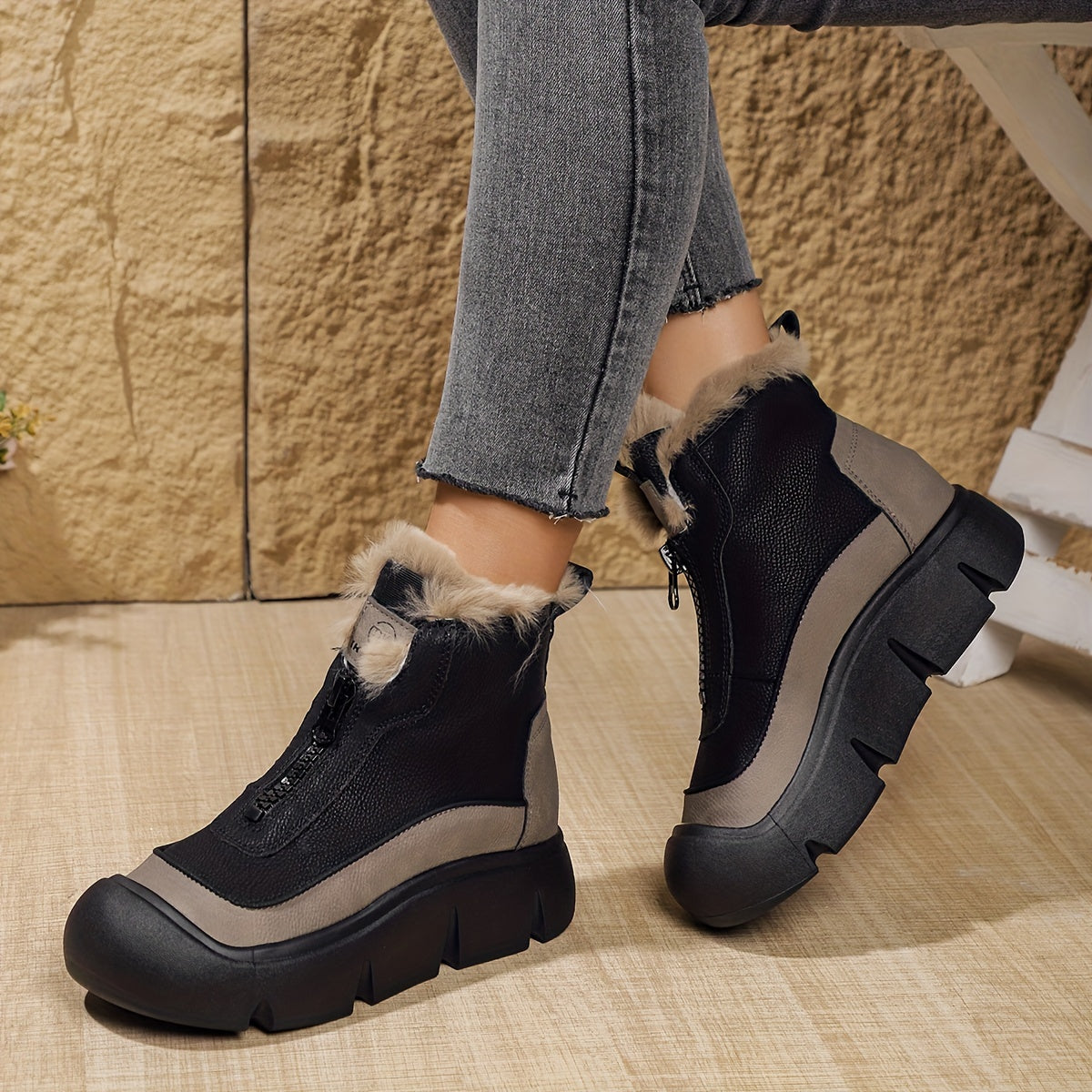 1pr Vintage Style Women'S Mid-Calf Chelsea Boots - Comfortable All-Season Winter Footwear with Faux Fur Trim, Round Toe, Flat Platform Heel, Fabric Insole, and Rubber Sole