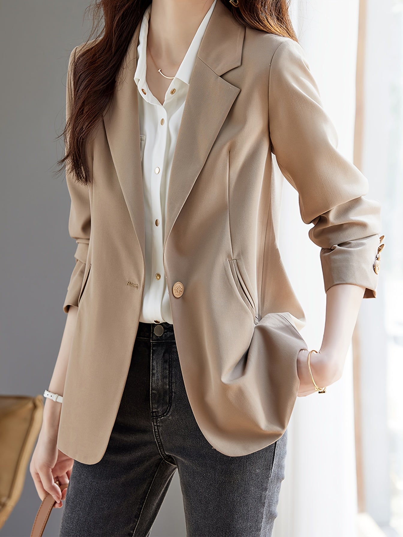 XWI Women's Elegant Beige Blazer - Spring\u002FFall 2024 Collection, Versatile Long Sleeve Jacket with Button Details, Perfect for Office or Casual Outfits