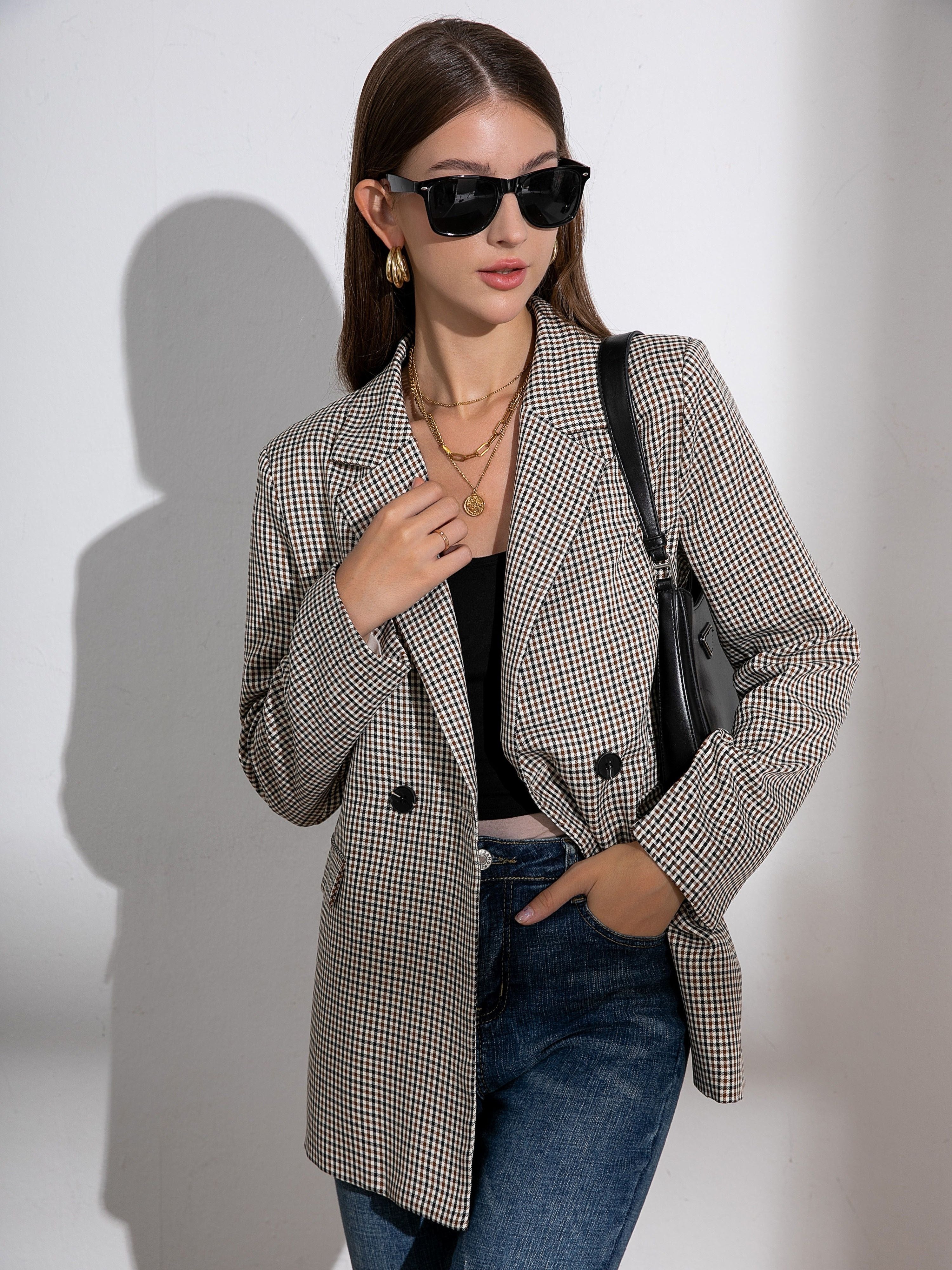 Plaid Pattern Double Breasted Lapel Blazer, Elegant Long Sleeve Blazer For Work & Office, Women's Clothing