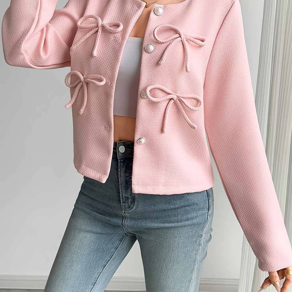 Women's Casual Chic Round Neck Long Sleeve Jacket with Bow Accents - Lightweight 100% Polyester Machine-Washable Spring Summer Fall Outerwear, Solid Color Versatile Blazer