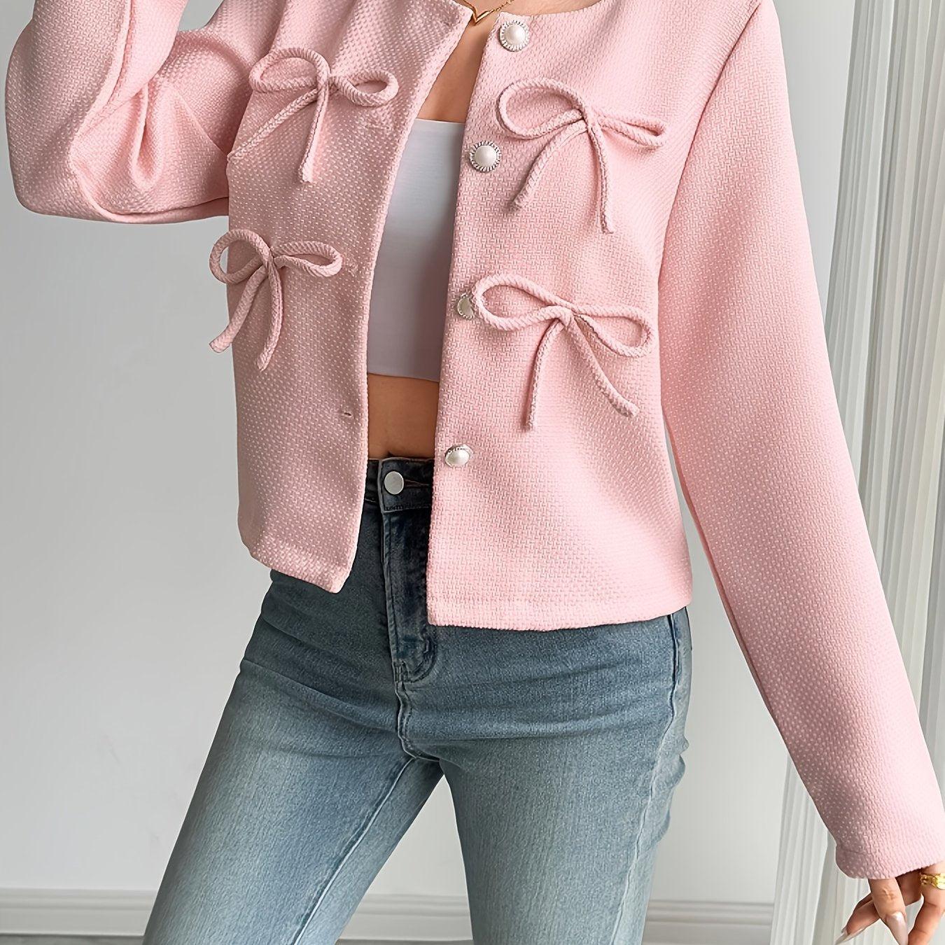 Women's Casual Chic Round Neck Long Sleeve Jacket with Bow Accents - Lightweight 100% Polyester Machine-Washable Spring Summer Fall Outerwear, Solid Color Versatile Blazer