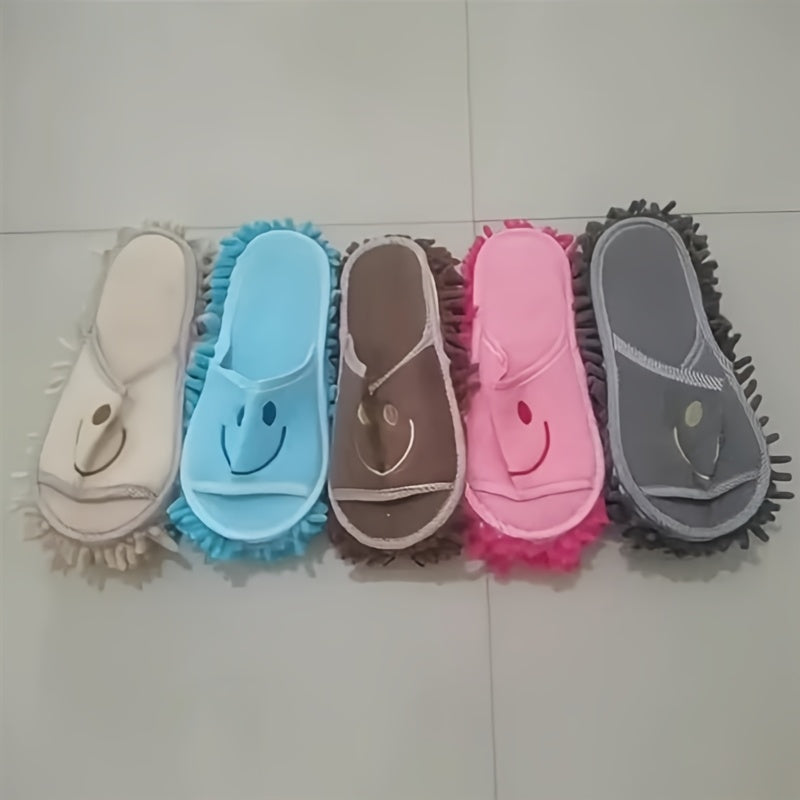 1 Pair Ultra-Fine Fiber Cleaning Slippers - Quiet, Efficient Dust & Floor Cleaner with Joyful joyful Face Design for Bedroom, Bathroom, Living Room - Light Blue, White, Pink Options, Bathroom Slippers | Comfortable Footwear | Plush Fabric Slippers