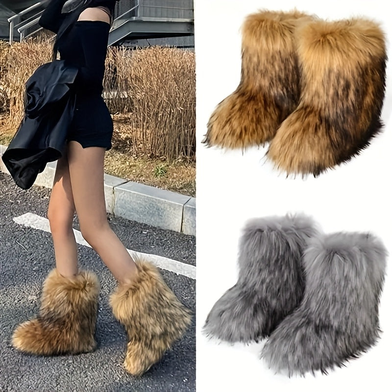 Women'S Fluffy Faux Fur Boots, Cute Mid-Top Plush Lined Winter Warmth, Slip-On Design Flat Comfortable Snow Boots