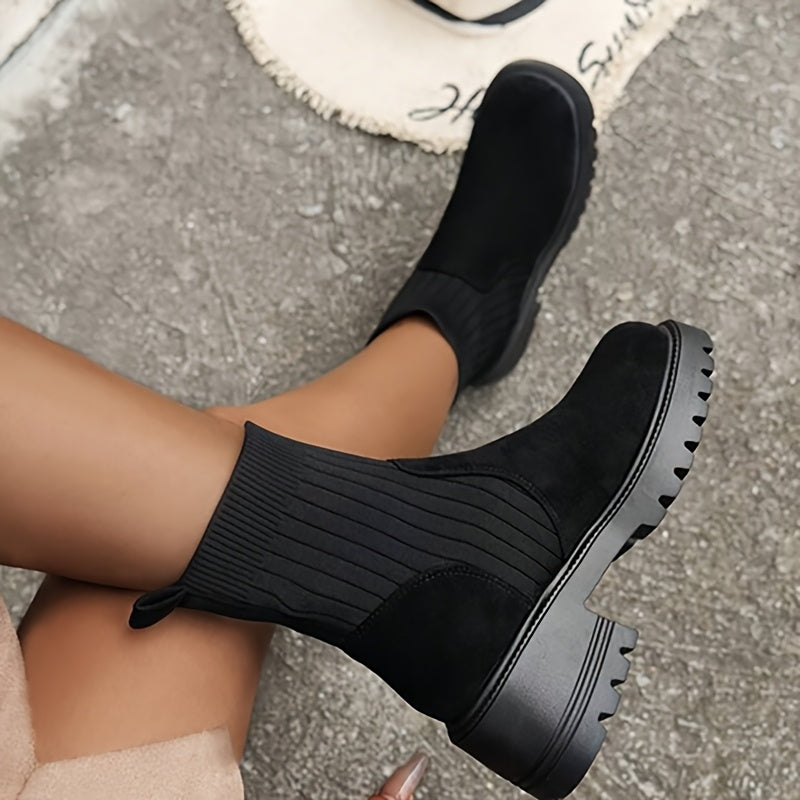 Elegant Black Faux Fur Ankle Boots - Stylish Pull-On with Round Toe, Mid-Heel, and Rubber Sole for Women, Perfect for Casual and Formal Attire, Stylish Ankle Boots|Faux Fur Boots|Rubber Sole Boots