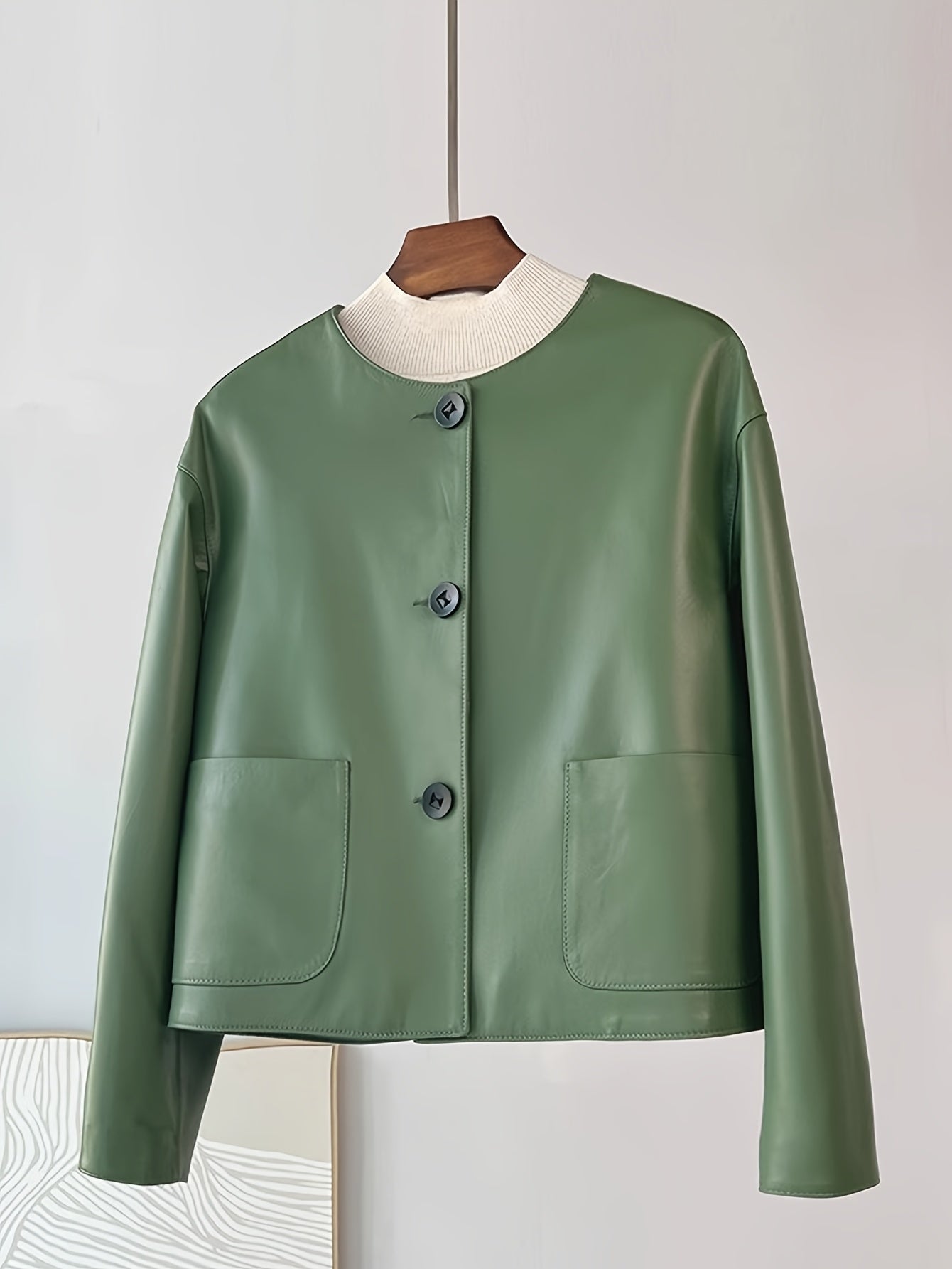 Women's Chic Green PU Leather Jacket - Casual Short Style with Button Front, Long Sleeves, and Side Pockets for Spring\u002FFall