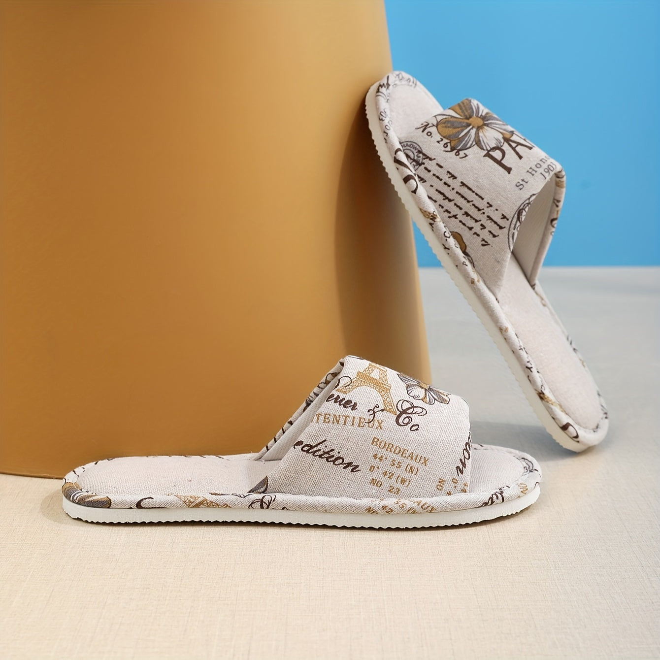 Floral Print Fabric Linen Slippers, Breathable Open Toe Soft Flat Shoes, Lightweight Indoor Floor Slippers