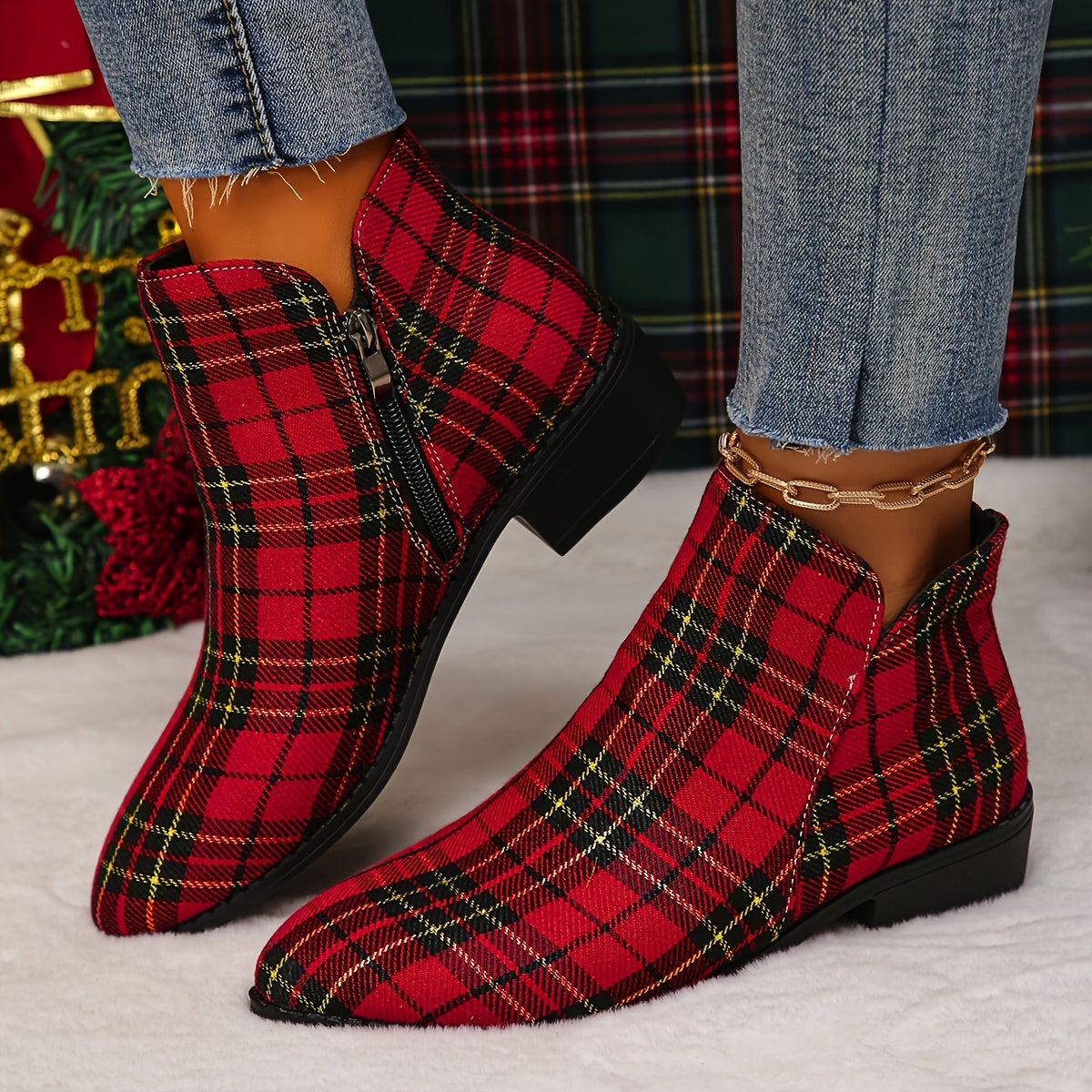 Women's Red Plaid Pointed Toe Low Block Heel Ankle Boots with Asymmetrical Pattern - Zipper Closure, All-Season Comfort Fabric Upper & Plastic Sole for Casual & Festive Occasions